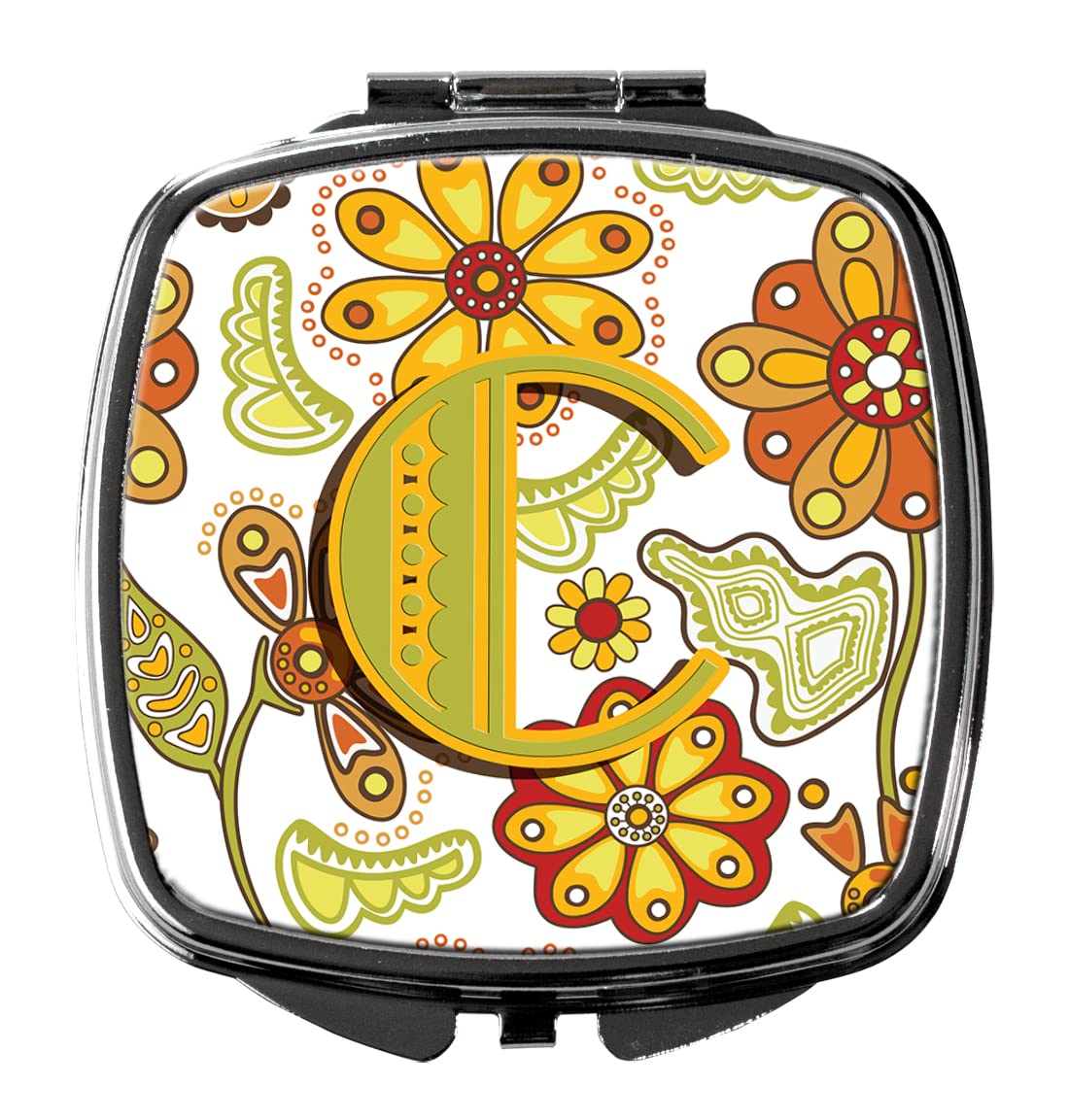 Caroline's Treasures Floral Letter C Compact Mirror - Mustard & Green Travel Makeup Mirror for Women | Portable Folding Handheld Mirror | Perfect Gift for Girls, Birthday, Bridesmaid & Travel Accessories | Home Decor, Purse Essential & Makeup Touch-ups