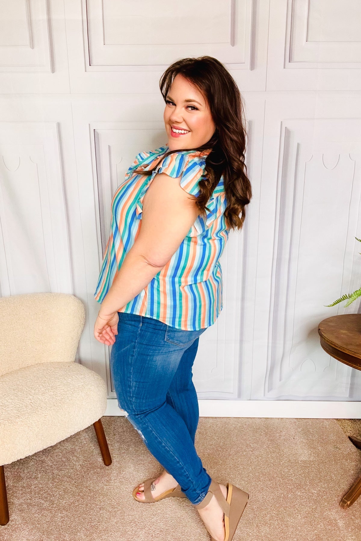 Happy Thoughts Sky Blue Striped Frill Button Down Blouse for Women - Casual Office Wear & Spring Summer Fashion Outfits