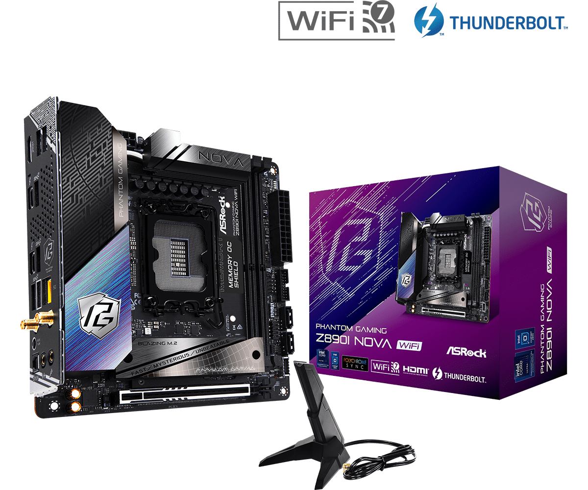 ASRock Z890I Nova WiFi Mini ITX Motherboard - Intel LGA 1700 Socket, DDR5, PCIe 5.0, Dual M.2, WiFi 6E - Perfect for Compact Gaming PCs & Home Theater Builds