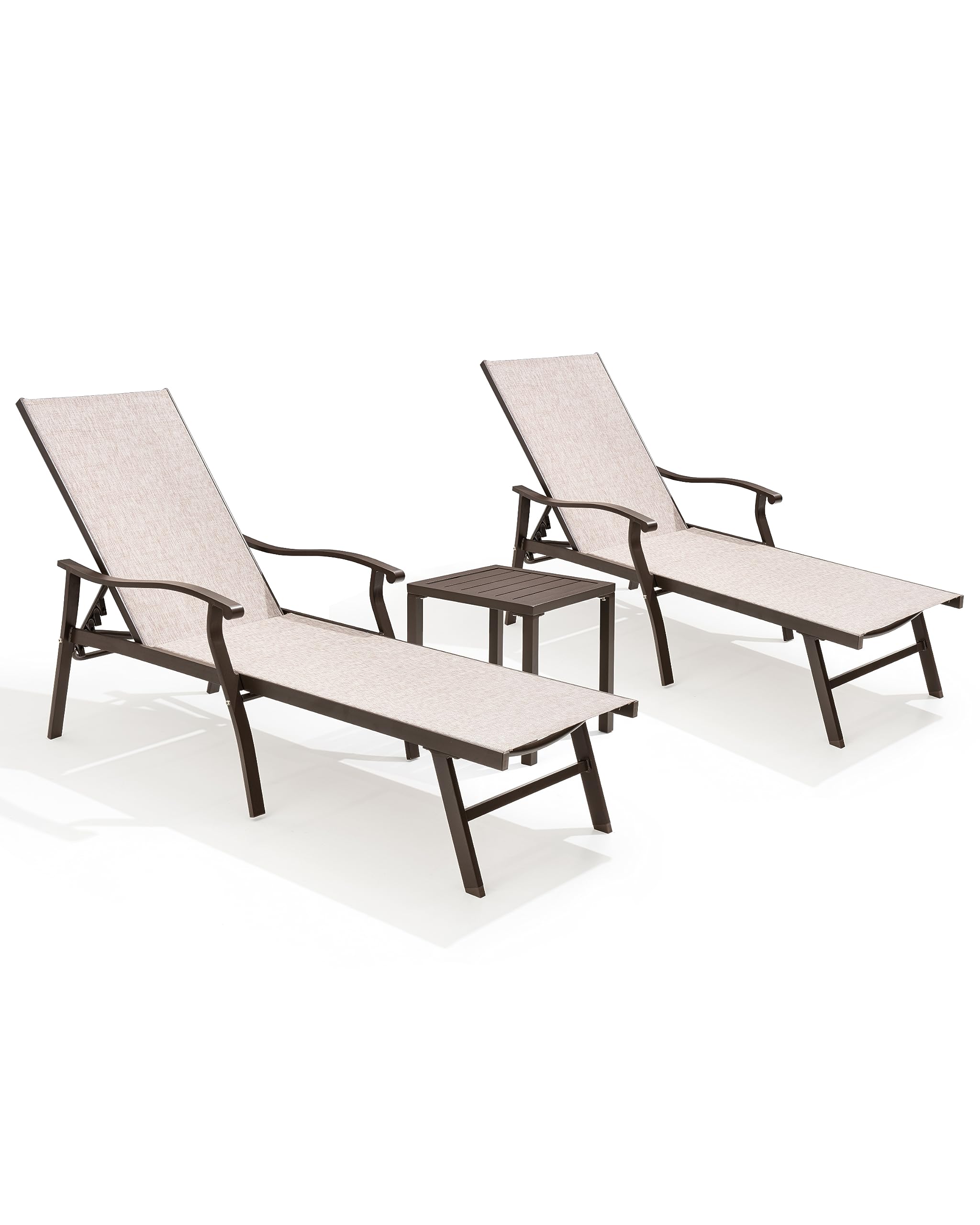 Crestlive 3-Piece Aluminum Chaise Lounge Set - 5-Position Adjustable Patio Recliners, All-Weather Outdoor Lounge Chairs for Poolside, Beach, Backyard & Garden (Beige) | Perfect for Sunbathing, Relaxing & Outdoor Entertaining