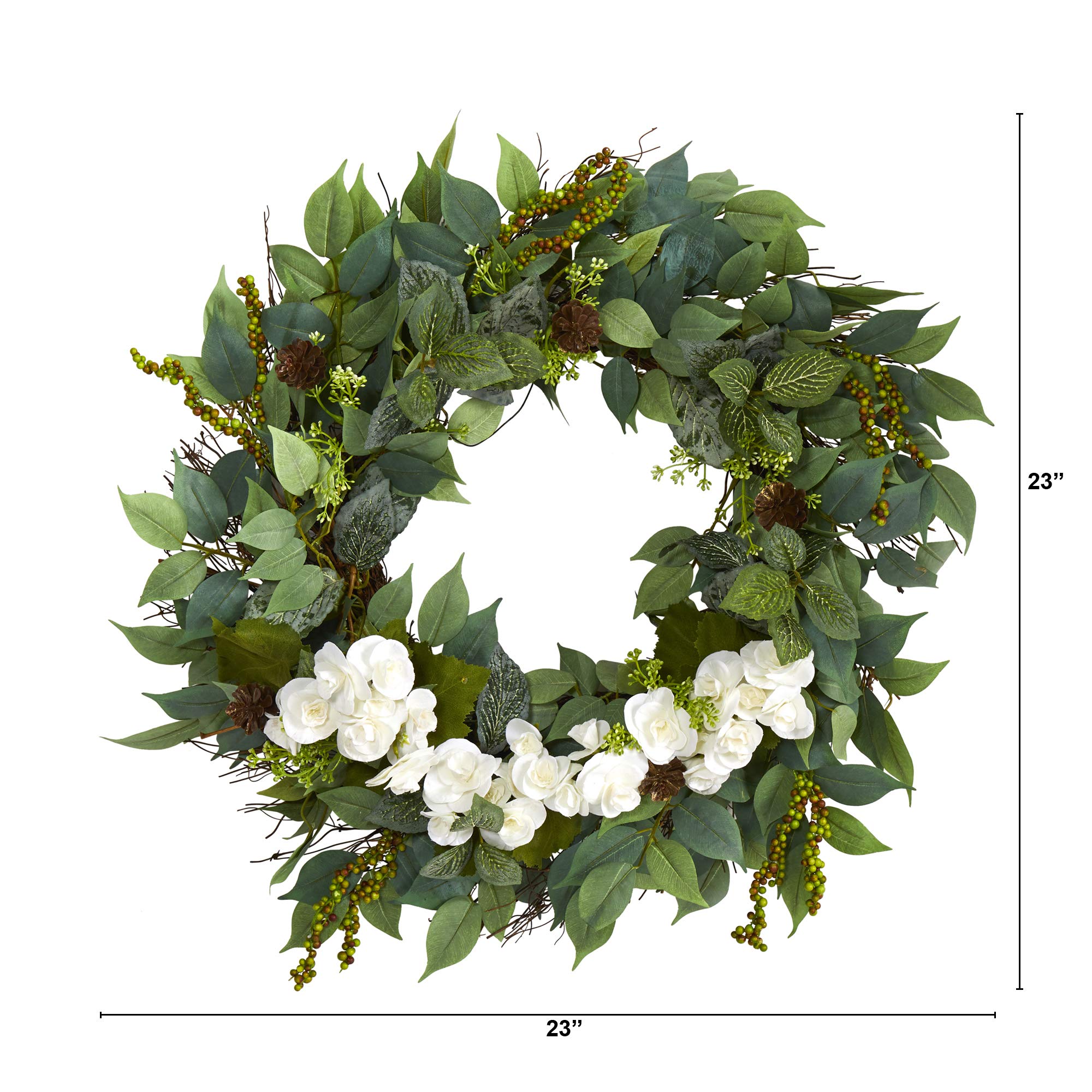 23in. Mixed Greens and Begonia Artificial Wreath - Elegant Home Decor for Front Door, Wall, or Seasonal Holiday Display