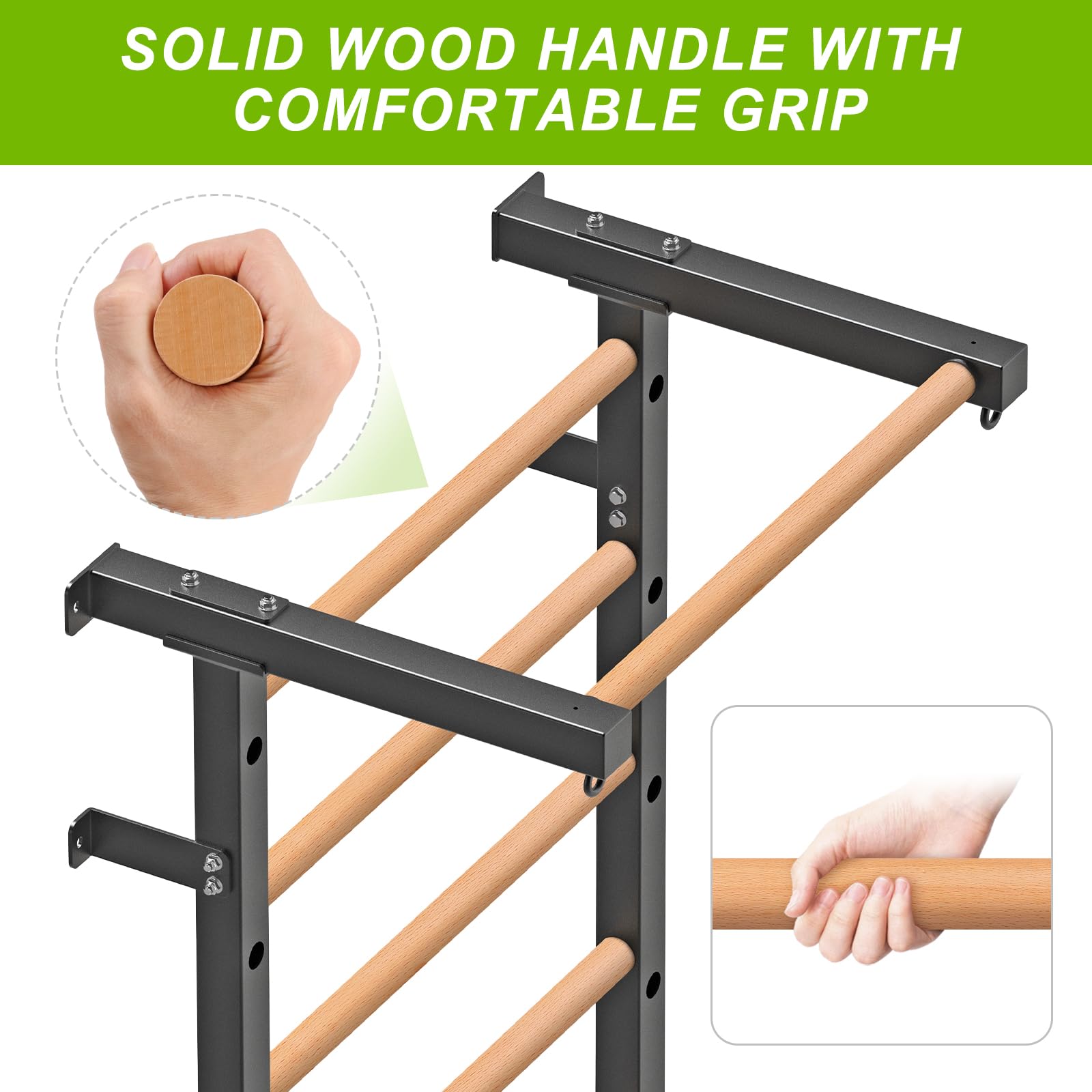 Premium Wood Stall Bar & Swedish Ladder with Pull-Up Bar - 11 Adjustable Strategic Rods for Full-Body Workout - Wall Mounted Suspension Trainer for Home Gym, School, Clinic & CrossFit Training - Perfect for Strength Training, Physical Therapy & Functional Fitness Exercises