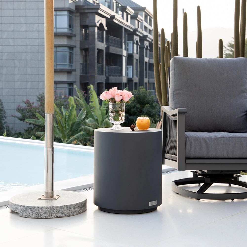 Elementi Rome Outdoor Side Table - 17.7 Inch Round Concrete Accent Table for Patio, Garden, Living Room & Bedroom | Weather-Resistant Slate Black End Table, Coffee Table or Nightstand