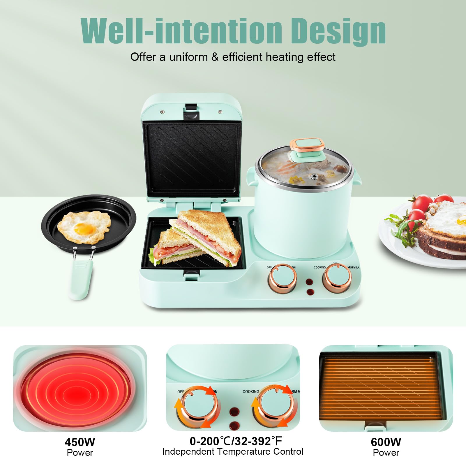 3-in-1 Breakfast Sandwich Maker with Soup Pot & Frying Pan - Electric Hot Dog Bun Toaster for Sandwiches, Pasta & Soup - Perfect for Quick Breakfasts, Office Lunches & Family Meals (110V)