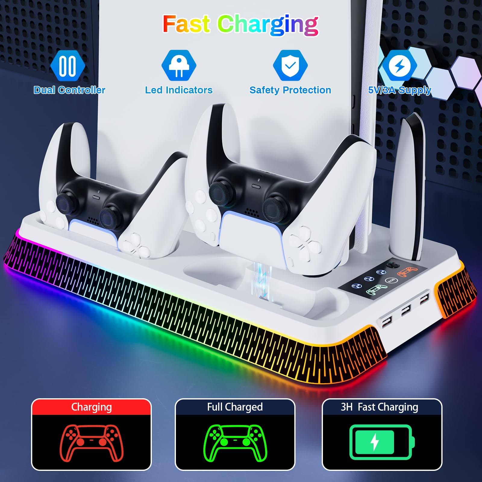 PS5 Cooling Stand with RGB Lights & Turbo Fan - Dual Charging Station & Headset Holder for PlayStation 5 Digital/Disc Edition - Vertical Gaming Stand with 3-Speed Cooling System - Perfect for Long Gaming Sessions & Console Protection
