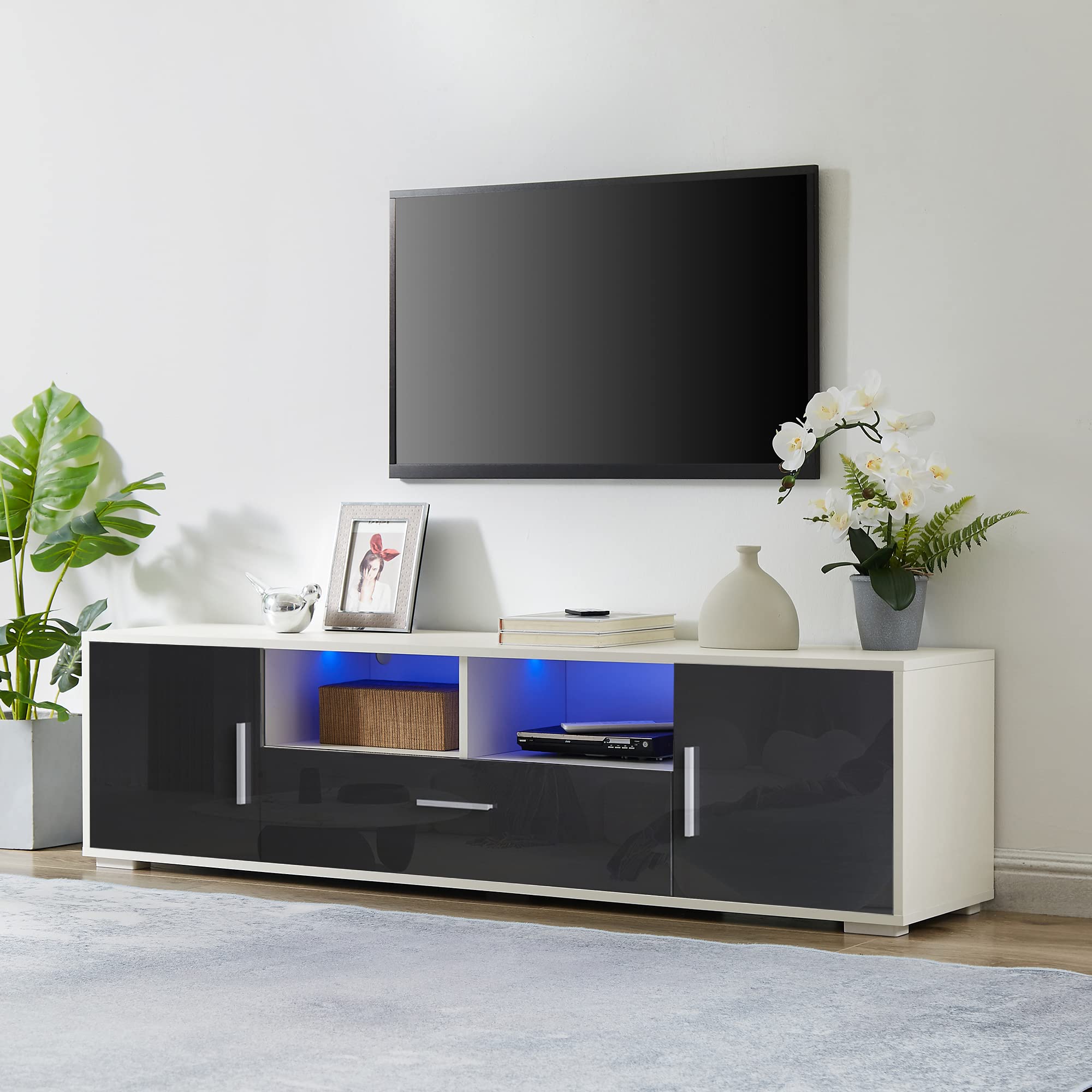 65 Inch LED TV Stand with Storage - High Gloss Entertainment Center TV Console Table Cabinet for Living Room & Bedroom (Grey) - Perfect for Home Theater Setup & Living Room Organization