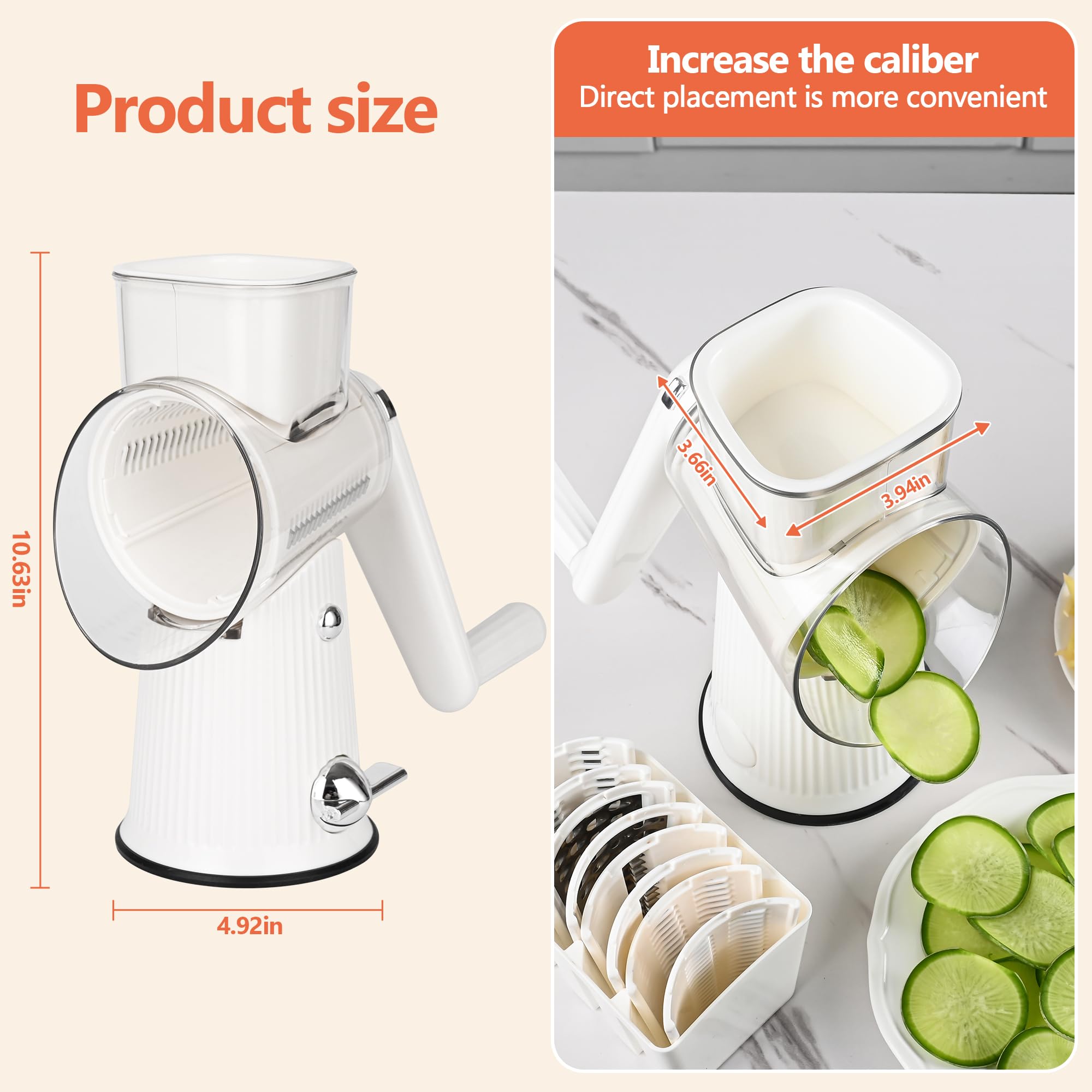 5-Blade Hand Crank Cheese Grater & Vegetable Slicer - White Kitchen Countertop Shredder with Handle, Nut Grinder & Cleaning Brush - Perfect for Pasta, Salads, Baking & Meal Prep