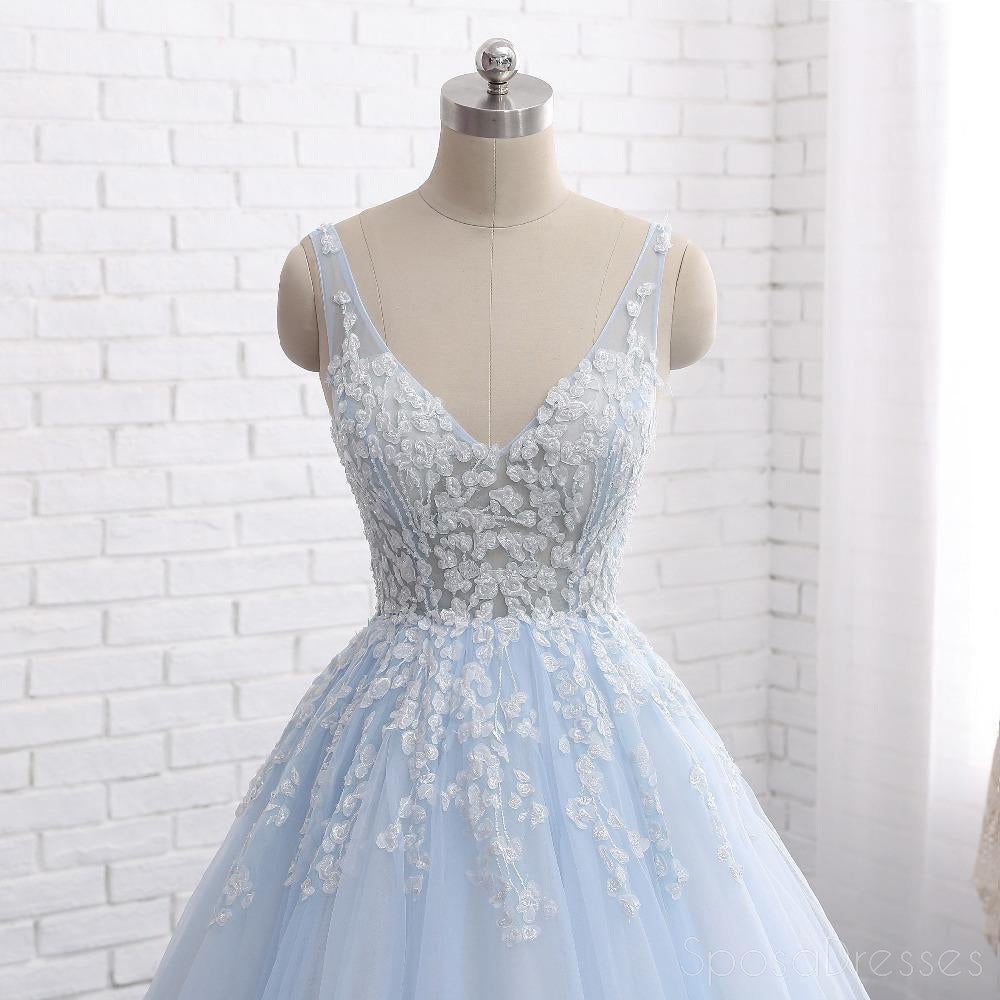 Elegant Pale Blue V-Neck A-Line Tulle Lace Beaded Prom Dress | Sweet 16 Party & Evening Gown | Custom Long Formal Dress for Homecoming, Quinceañera & Special Occasions