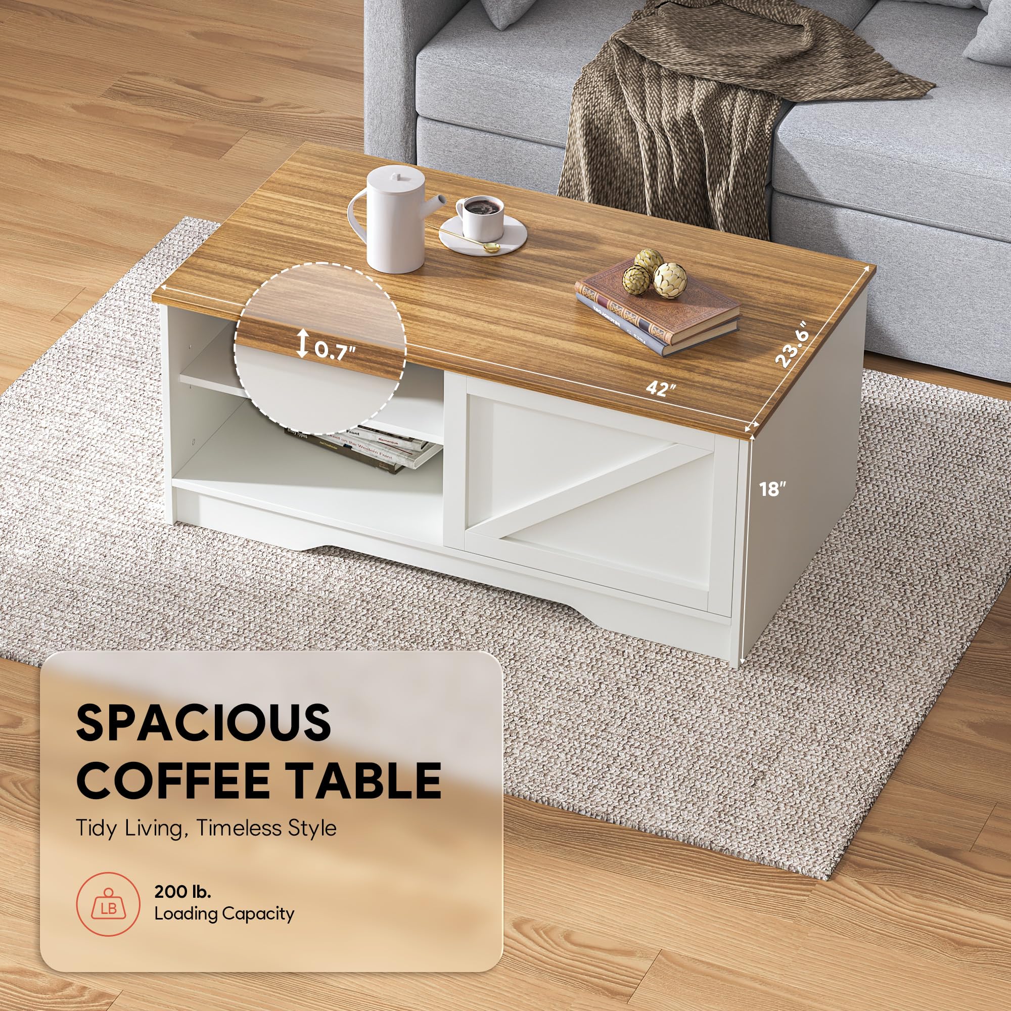 Rustic Farmhouse Coffee Table with Barn Doors - White & Walnut Finish - 42 Inch Modern Center Table with Cabinet & Adjustable Shelf - Perfect for Living Room, Office, or Farmhouse Decor - Durable & Stylish Home Furniture