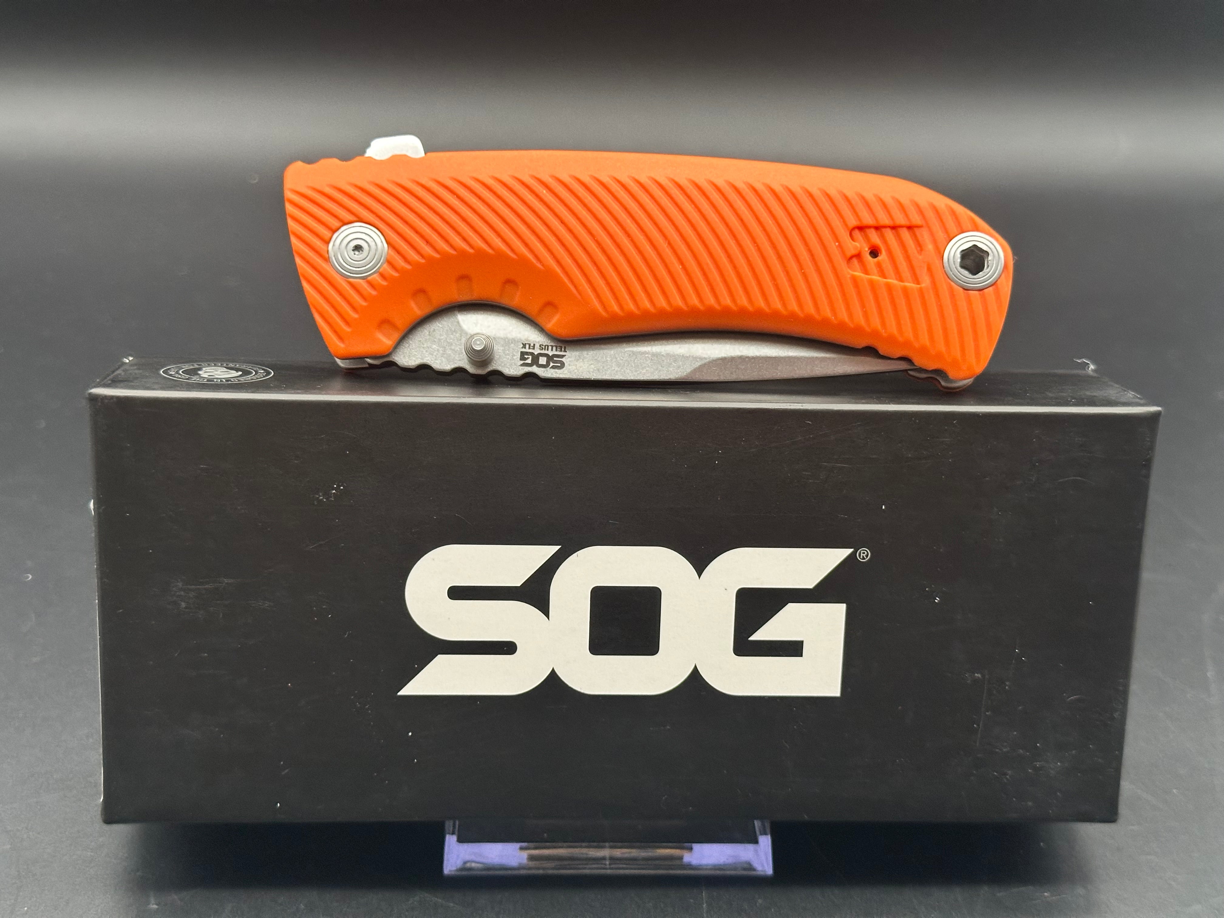 SOG Tellus FLK Blaze Frame Lock Folding Knife - Orange GRN Handle, 3.65