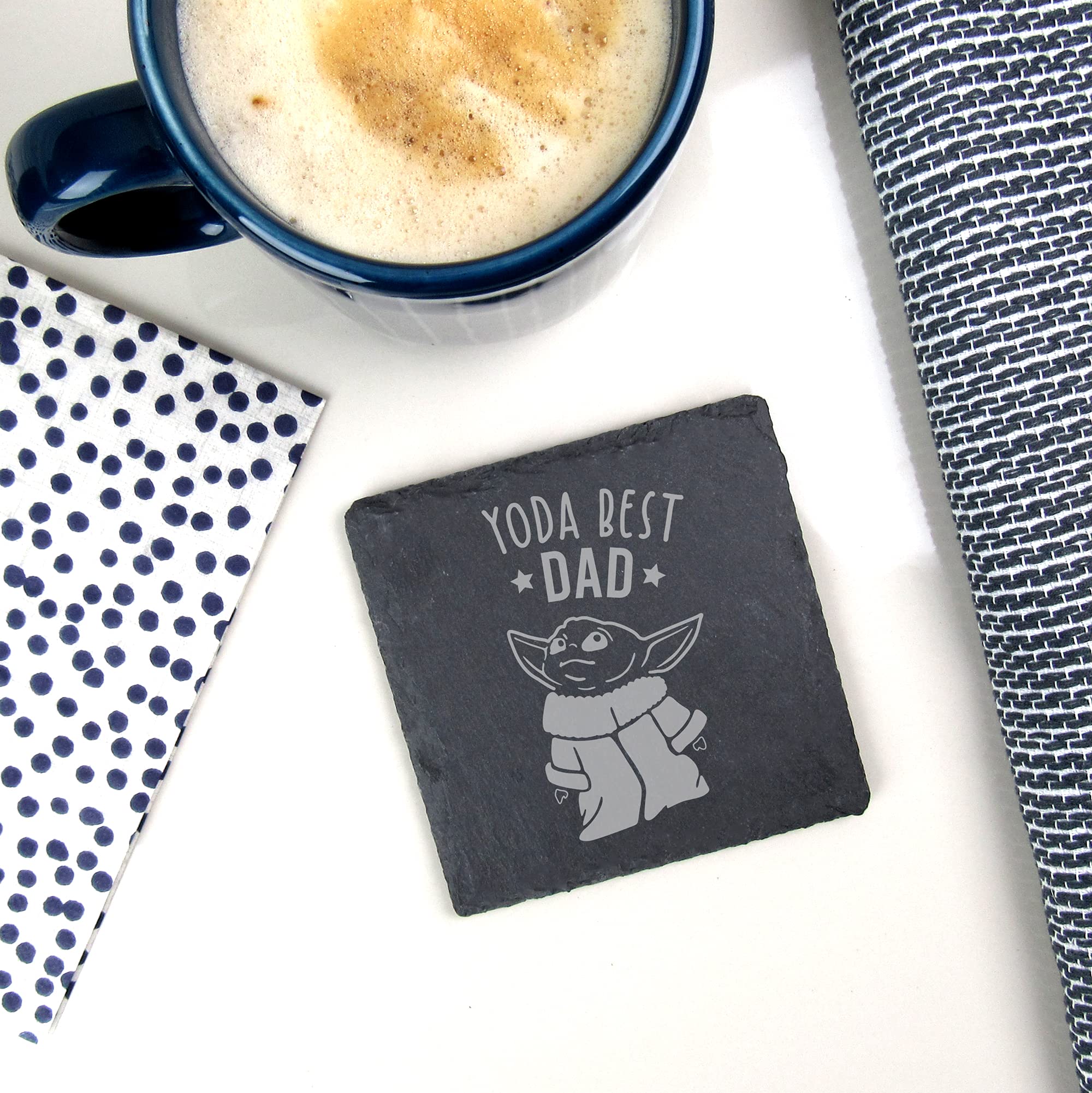 Personalized Engraved Baby Yoda Square Slate Coaster - Star Wars Themed Drink Mat - Funny Father's Day Gift from Daughter or Son - Best Dad Yoda Gift for Home Bar, Office Desk or Game Room Decor