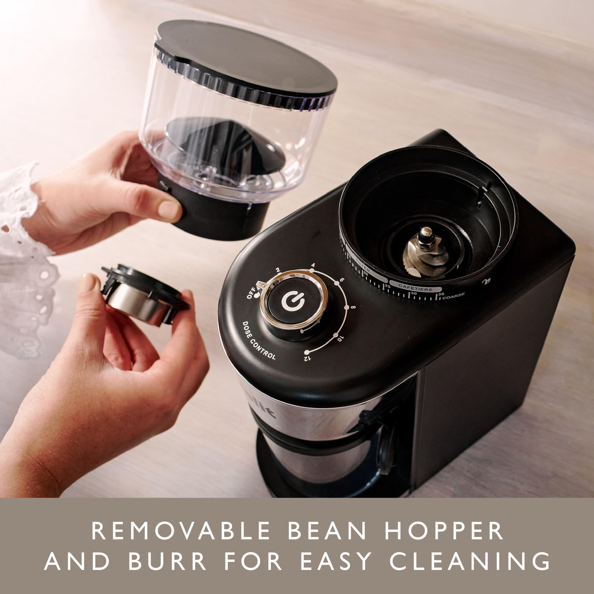 Dualit Professional Burr Coffee Grinder - 35 Precise Grind Settings for Espresso to French Press - Adjustable Portion Control & Removable Stainless Steel Conical Burrs - Easy Clean Design with Safety Lock - Perfect for Home Baristas & Coffee Shops