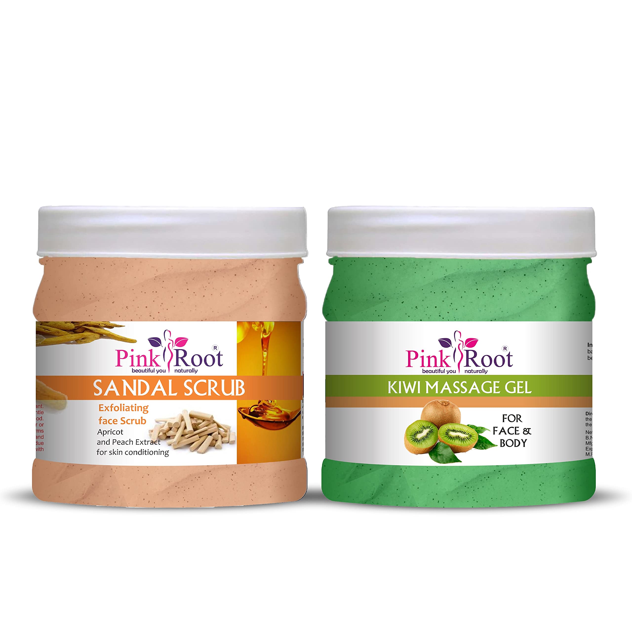 Pink Root Kiwi Massage Gel & Sandal Scrub Set - 500ml Each - Natural Skin Care for Relaxation & Exfoliation - Perfect for Spa, Home Massage & Body Treatment