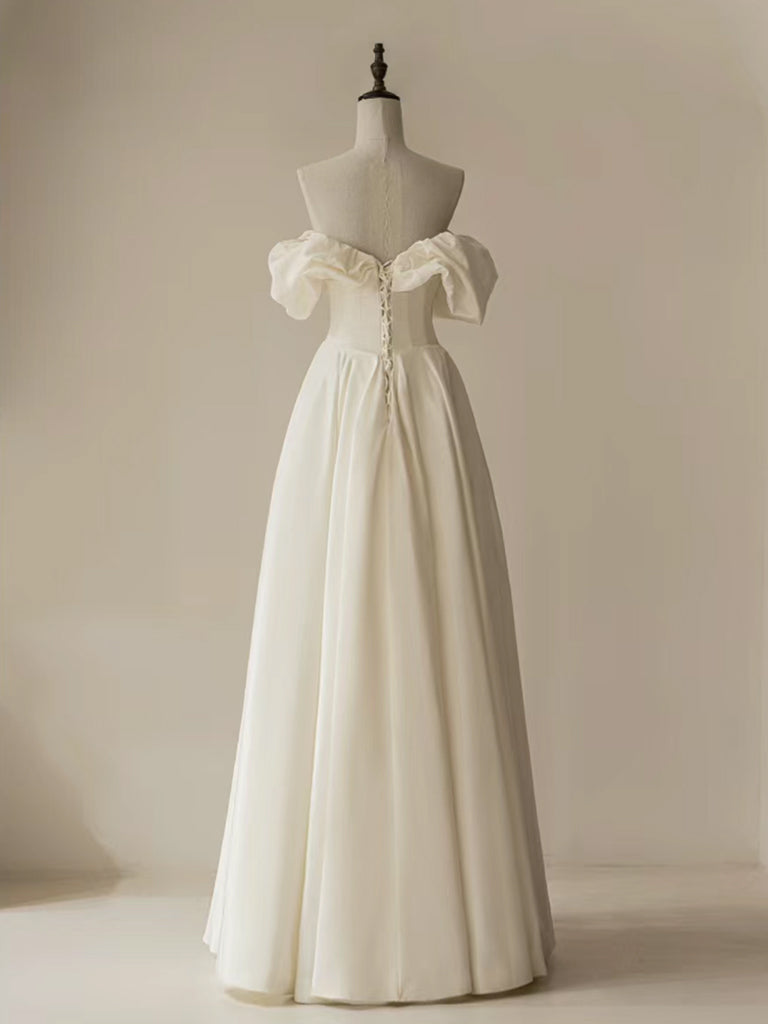 Elegant Off-Shoulder A-Line Ivory Satin Prom Dress - Long Formal Evening Gown for Homecoming, Wedding, and Special Occasions