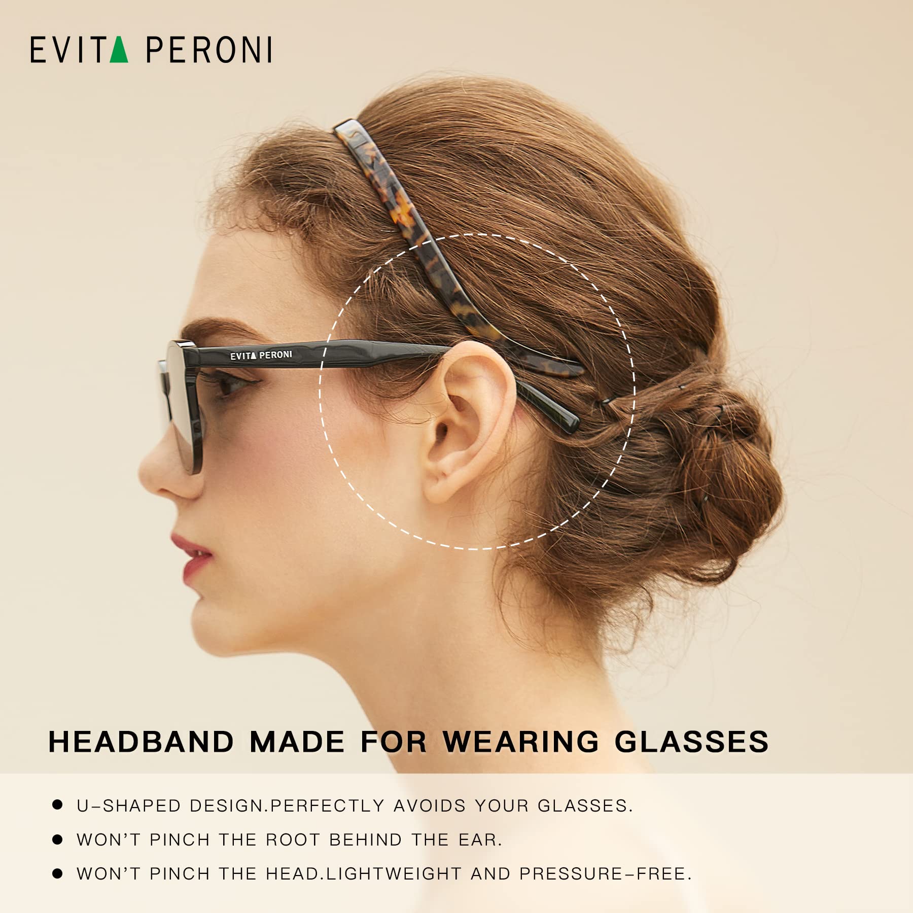 EVITA PERONI Thin Non-Slip Headbands for Women - Comfortable No Pressure Hair Bands Designed for Eyewear Wearers - Black Fashion Hair Accessories for Work, Yoga & Daily Use