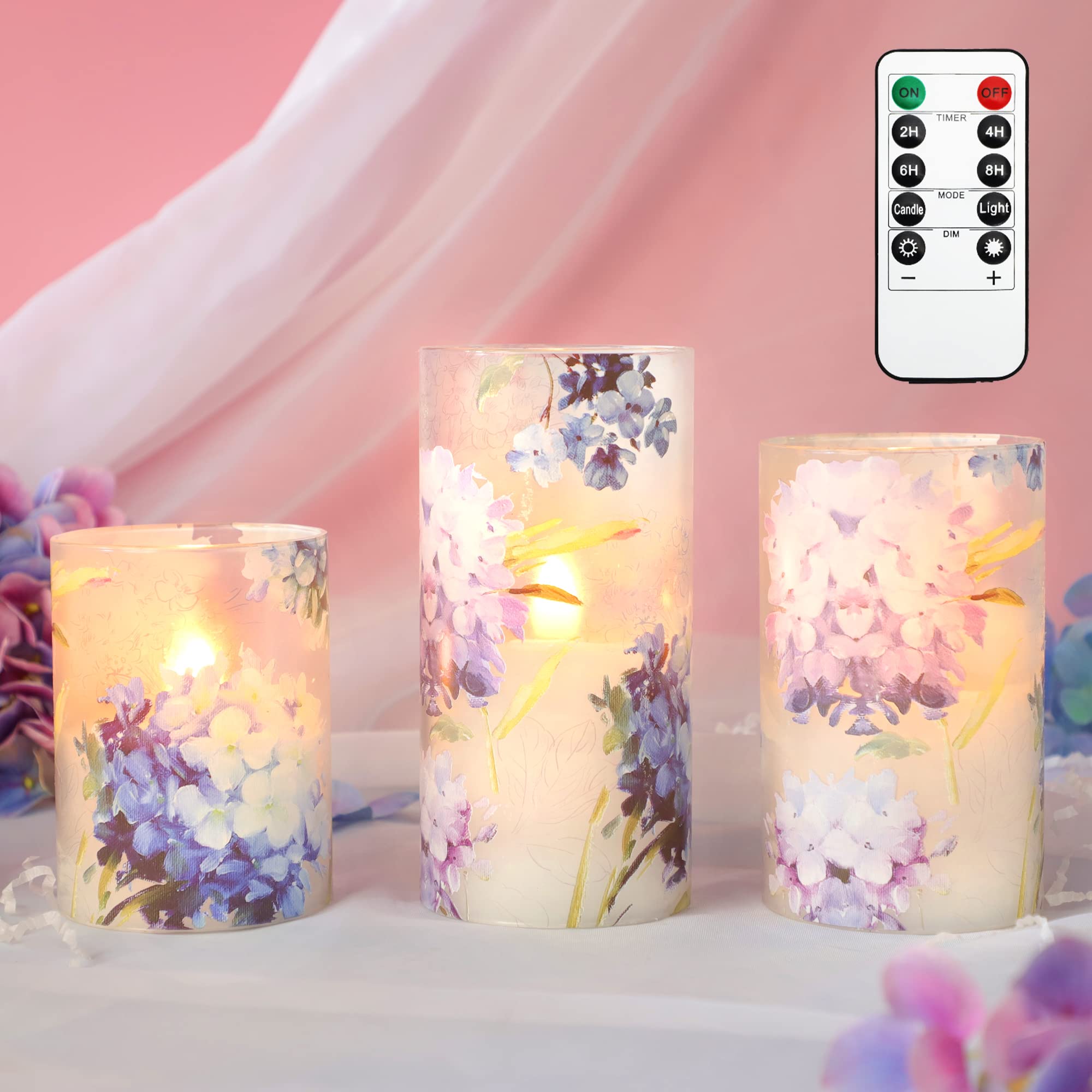 FLAVCHARM Blue Hydrangea Flameless LED Candles with Remote & Timer - Battery Operated Pillar Candles for Romantic Wedding, Shower, Table Centerpiece Decor - Perfect Gift for Her, Home, Summer Floral Theme