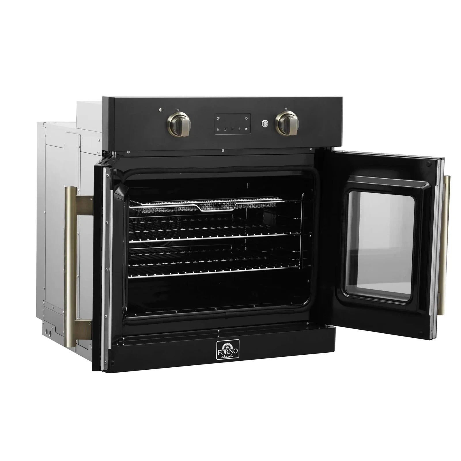 Forno Asti 30 Inch French Door Electric Wall Oven - Black with Antique Brass Trim, Built-in Convection Oven, Self-Cleaning, FBOEL1333 30BLK - Perfect for Modern Kitchens, Baking, Roasting & Entertaining