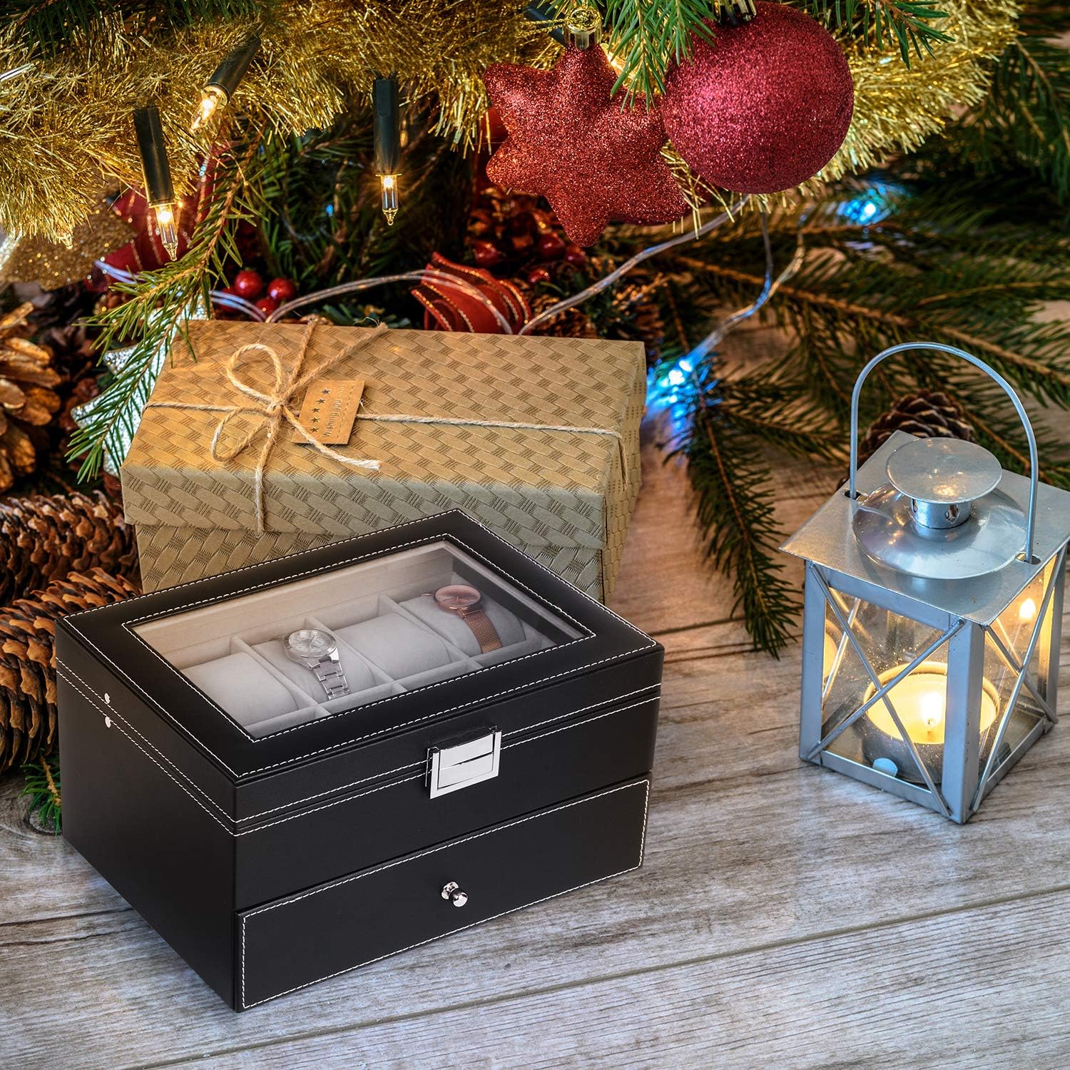 BEWISHOME 20-Slot Watch Box Organizer for Men - Black PU Leather Display Case with Metal Hinge & Glass Top - Large Watch Storage Holder SSH04B - Perfect for Watch Collections, Gifts, and Travel Accessories
