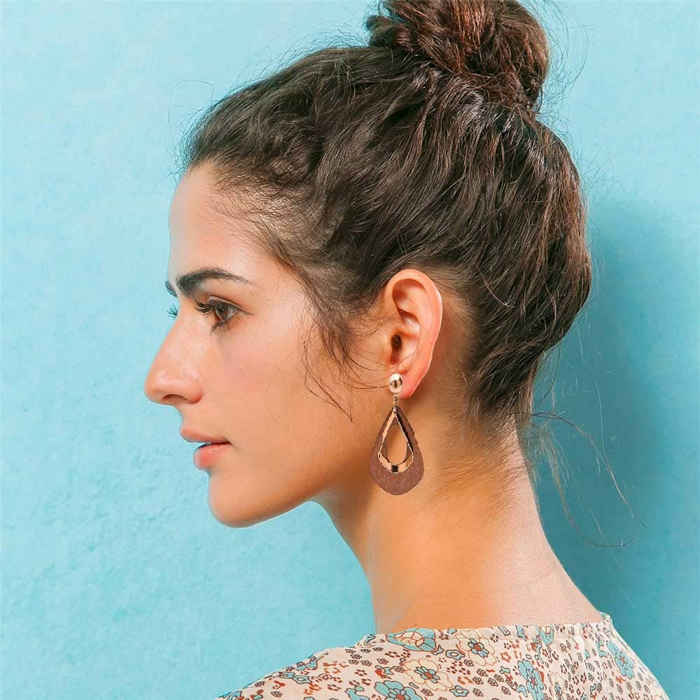 Natural Wooden Teardrop Earrings for Women - Lightweight Geometric Drop Dangle Earrings with Stainless Steel Studs | Boho Ethnic Style Wood Earrings for Everyday Wear, Parties & Special Occasions