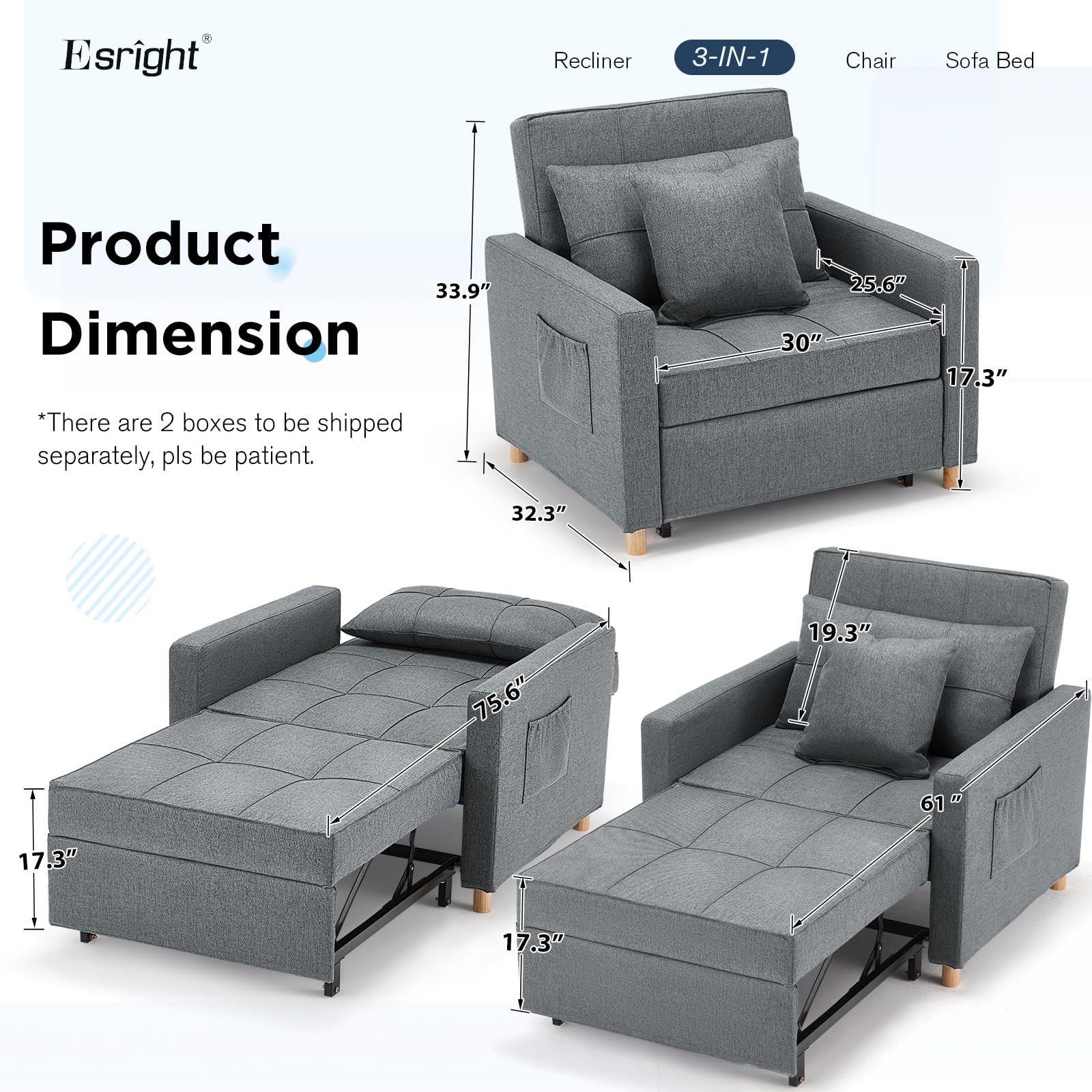 Esright 3-in-1 Convertible Sleeper Chair with Adjustable Backrest - Memory Foam Pull Out Sofa Bed with 2 Pillows & Side Pocket - Space Saving Armchair for Small Apartments, Office, Guest Room (Dark Grey) | Perfect for Overnight Guests, Nap Time & Compact Living Spaces