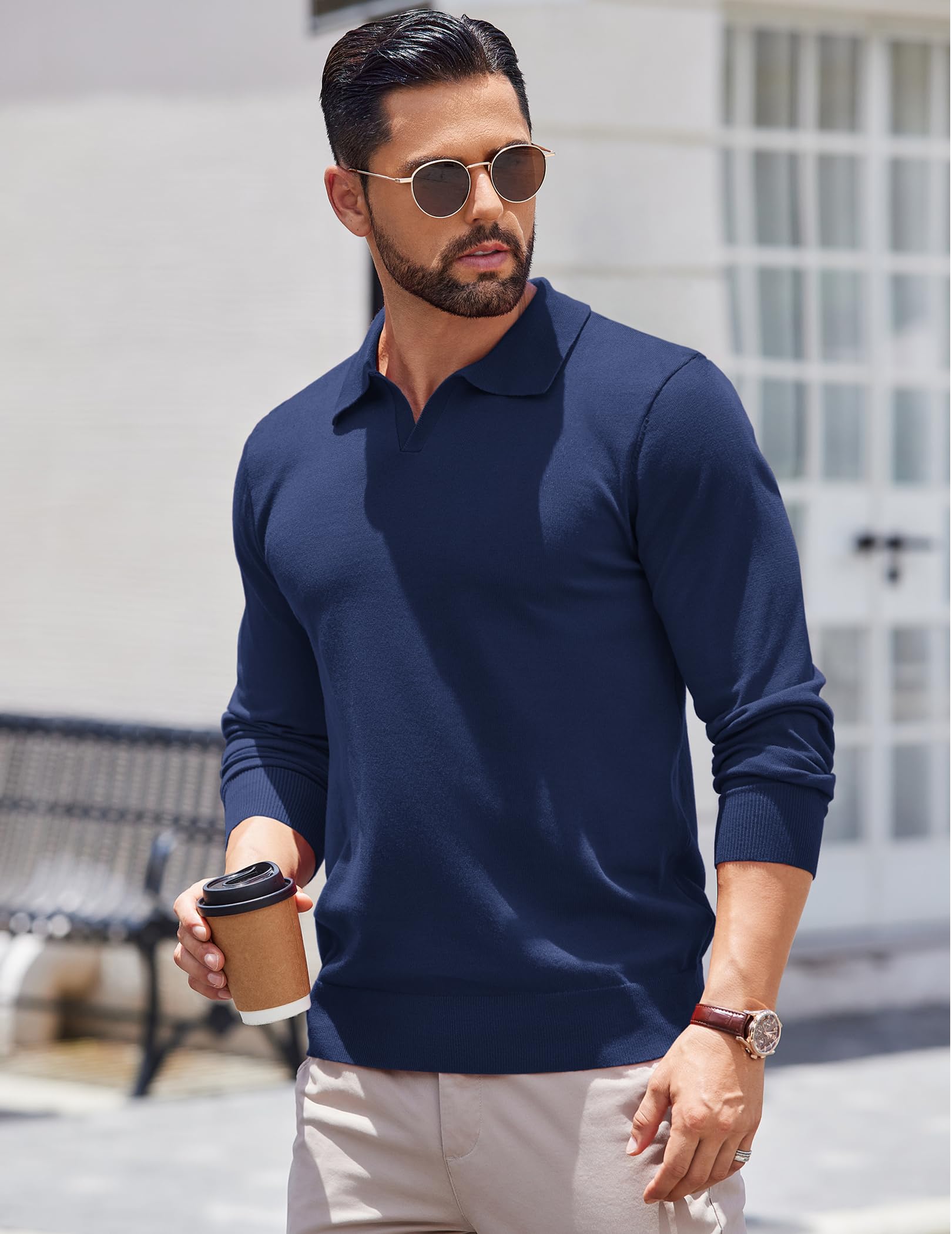 COOFANDY Men's Lightweight Ribbed Knit Polo Sweater - Long Sleeve Pullover Shirt for Casual & Business Wear | Perfect for Office, Date Night & Fall Layering
