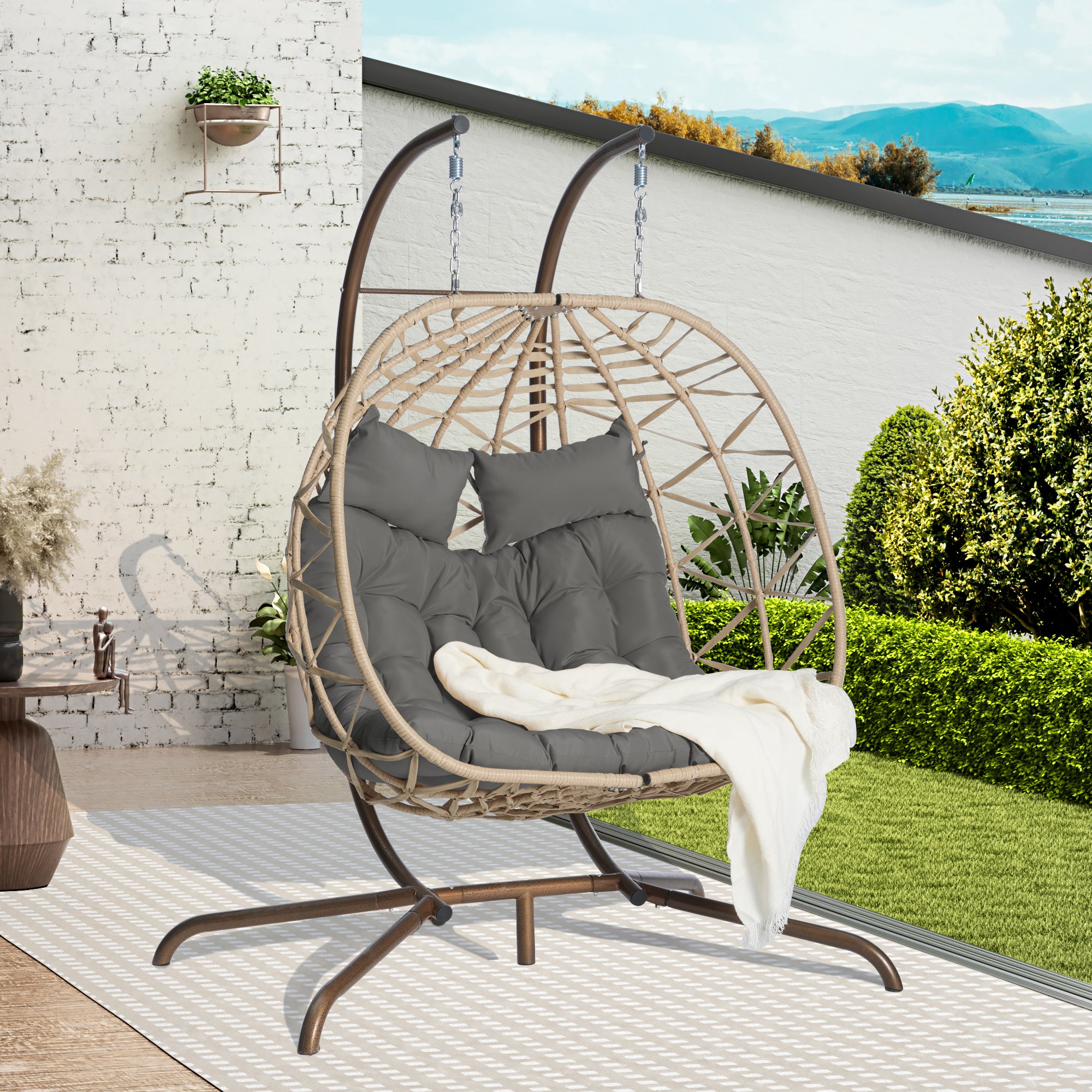 Double Egg Chair with Stand - Indoor/Outdoor Hanging Wicker Rattan Swing Chair with UV-Resistant Cushions (600 lbs Capacity) - Perfect for Bedroom, Balcony, Patio & Garden Relaxation