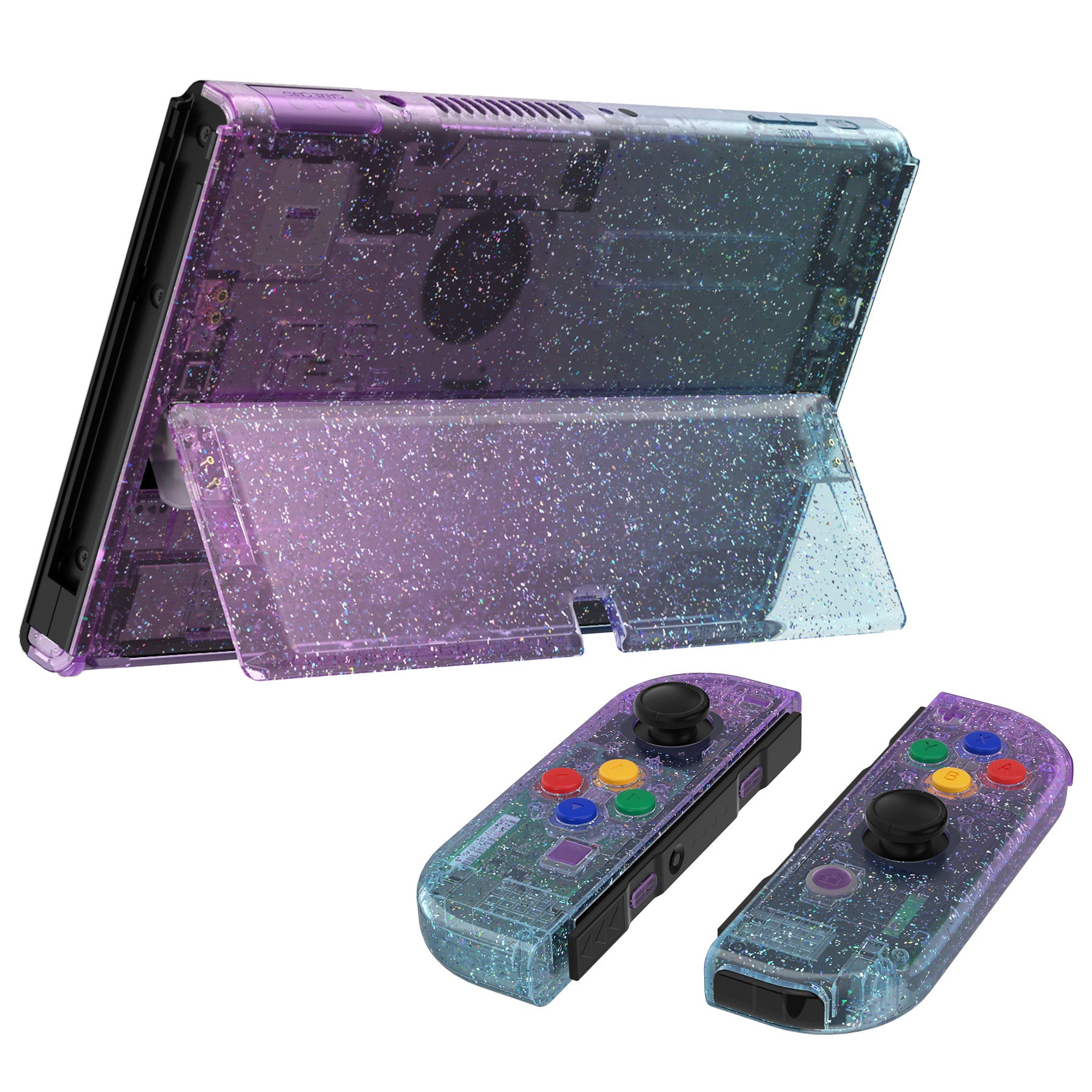 eXtremeRate Custom Replacement Full Set Shell with Buttons for Nintendo Switch OLED - Glitter Gradient Translucent Bluebell & Blue | Gaming Accessories for Enhanced Console Protection & Style
