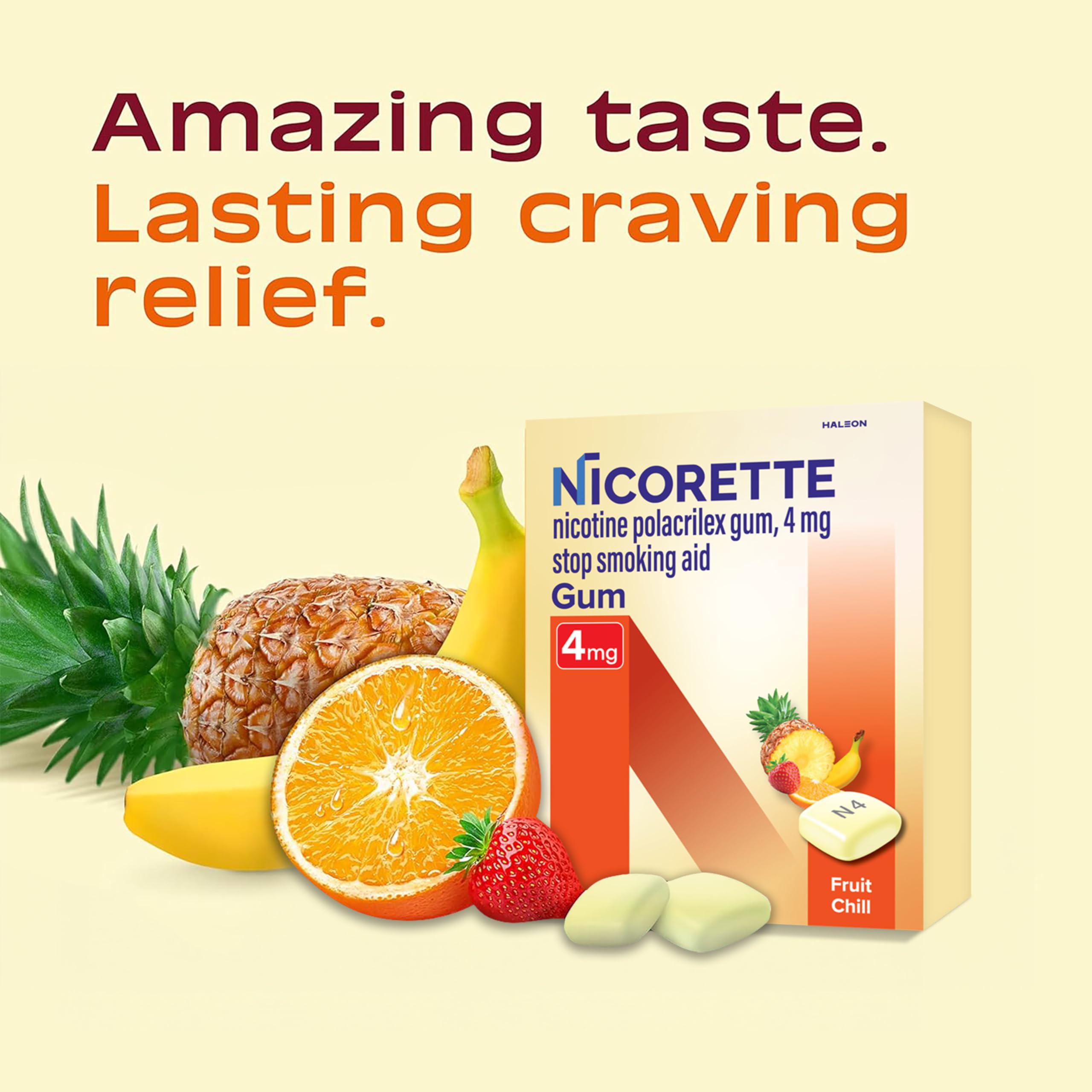 Nicorette 4mg Nicotine Gum for Quitting Smoking - Fruit Chill Flavor, 100 Pieces | Stop Smoking Aid, Nicotine Replacement Therapy for Smokers | Perfect for Work, Travel & Stressful Situations