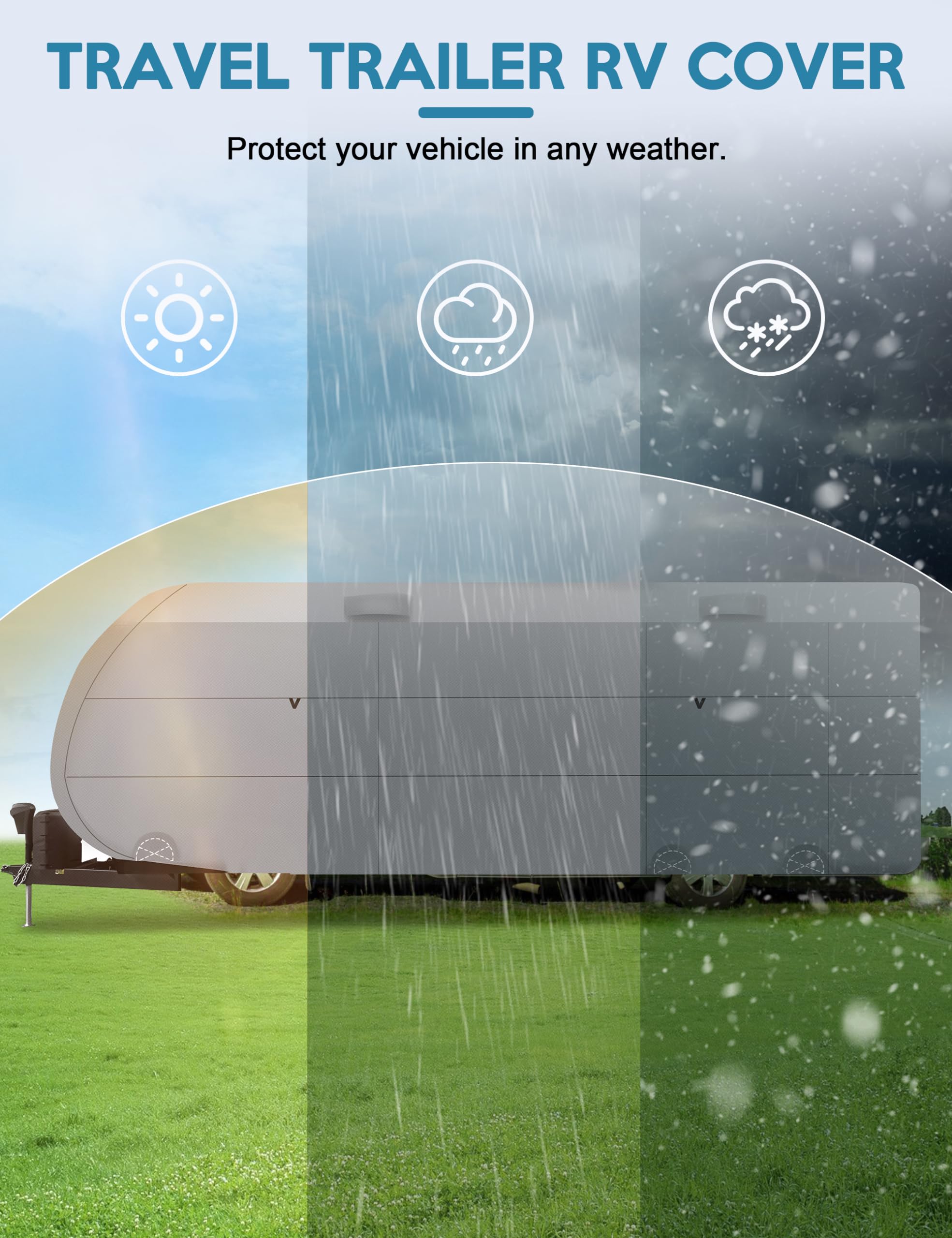 Rengue RV Cover 30-33ft - Heavy Duty 300D Oxford Waterproof Travel Trailer Cover with Windproof Straps & Storage Bag | Winter Snow Protection for Camper, Car | Perfect for Outdoor Storage & Seasonal Vehicle Protection