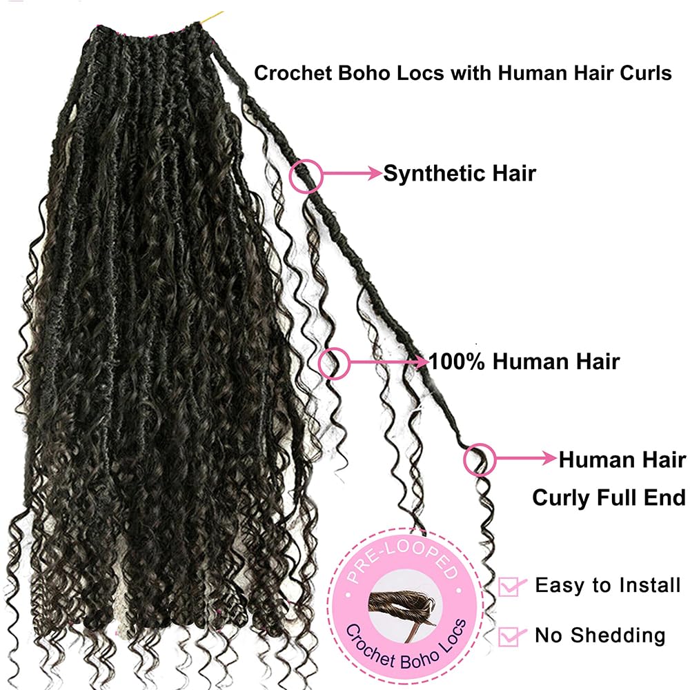 22inch Pre-Looped Crochet Locs with Human Hair Curls | Soft Messy Boho Dreadlocks with Curly Ends | 72 Locs for Women | Perfect for Protective Styling, Natural Hair Care & Festival Looks