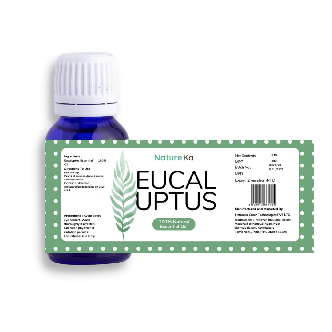 Natureka Eucalyptus Essential Oil - 100% Pure Natural Therapeutic Grade Aromatherapy Oil for Diffuser, Massage & Relaxation | Chemical-Free Bath & Shower Oil | 15ml Bottle for Home Spa, Yoga & Stress Relief