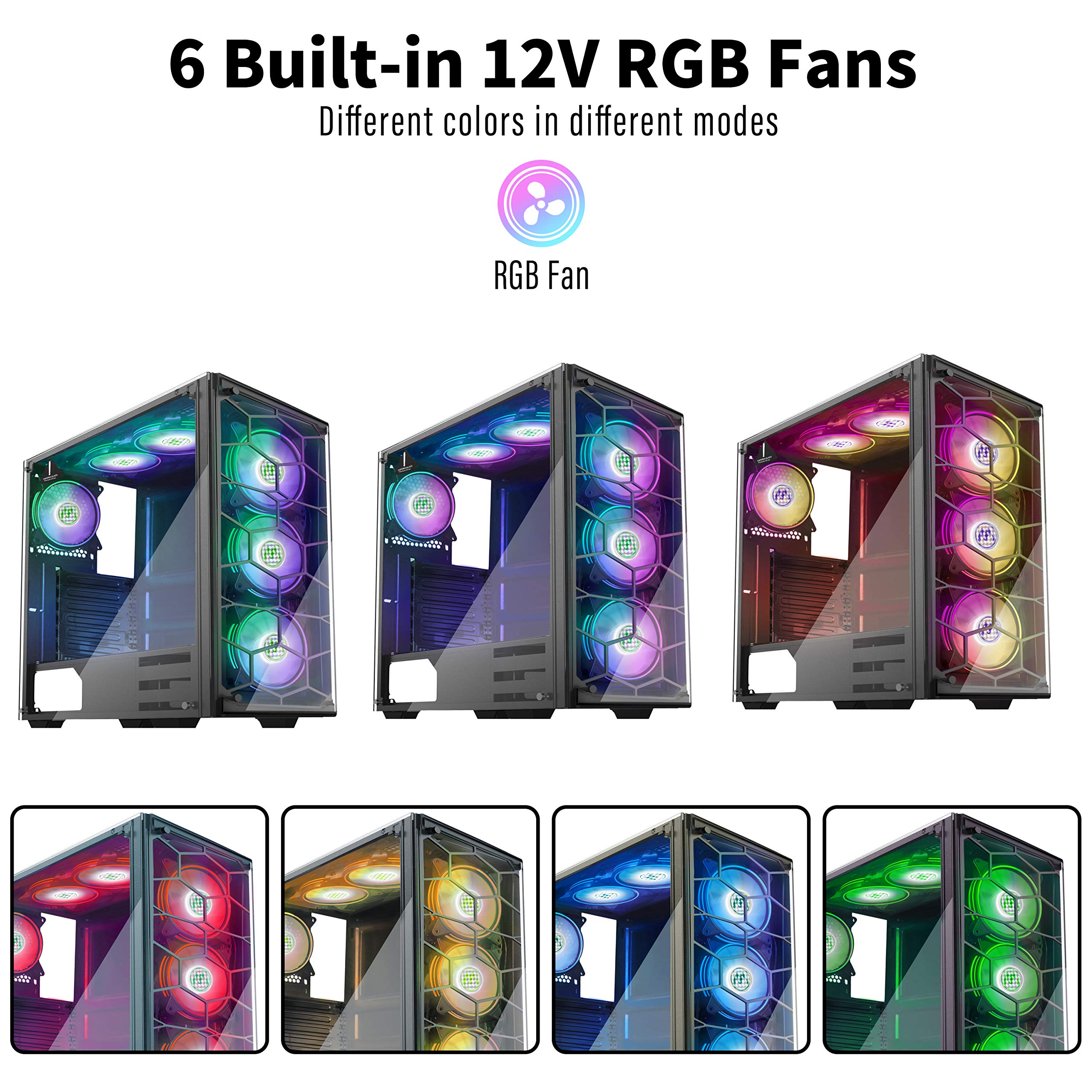 MUSETEX Phantom Black ATX Mid Tower Gaming PC Case - USB 3.0 Ports, Tempered Glass Side Panel, 6x 120mm RGB Fans Pre-Installed (Model 907D6) - Perfect for High-Performance Gaming Rigs & Custom PC Builds