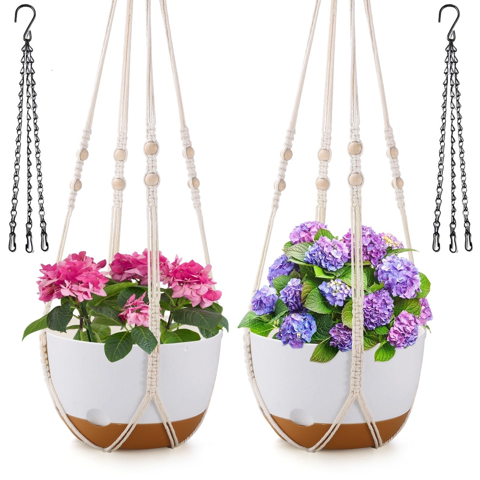 10 Inch Self Watering Hanging Planters (2 Pack) - White Flower Pots with Drainage Holes, Saucers & Macrame Rope Hangers for Indoor Outdoor Garden, Patio, Balcony Decor