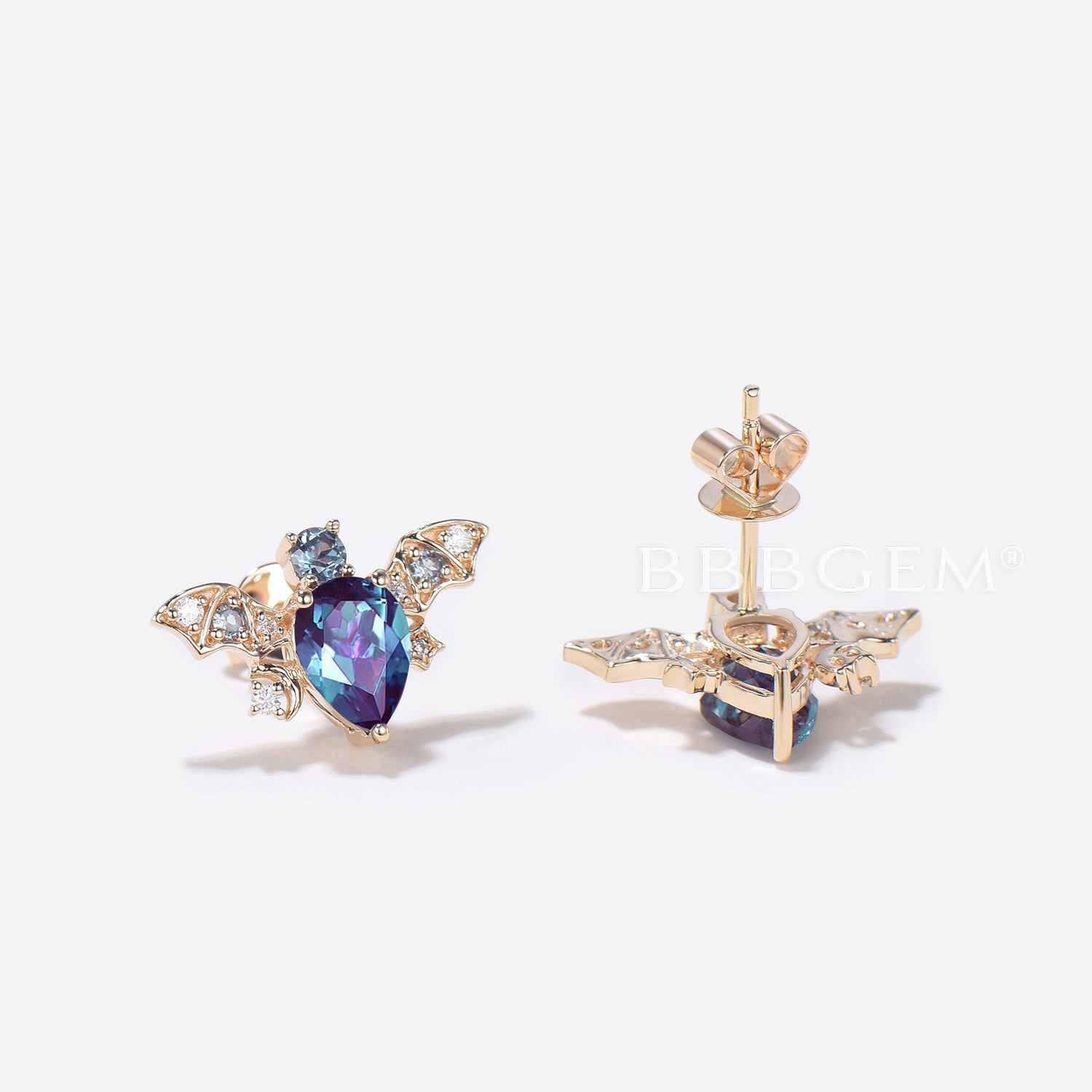 Pear Alexandrite Stud Earrings - Moon & Star Design Bat Earrings for Women | Hypoallergenic Jewelry for Gifts, Parties & Halloween Costume Accessories