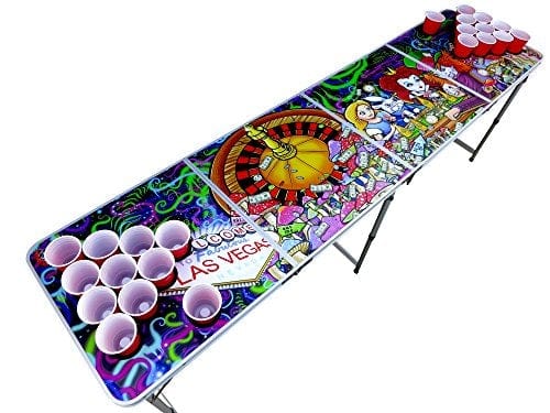 Alice in Las Vegas Psychedelic Poker Beer Pong Table with Removable Cup Holders & Hole Covers - Perfect for College Parties, Game Nights & Casino-Themed Events