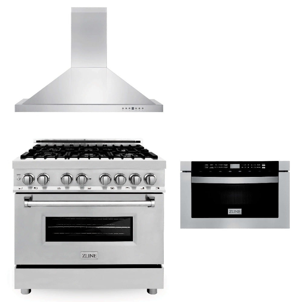 ZLINE 36 Inch Stainless Steel Dual Fuel Range Kitchen Package with Convertible Vent Hood & Microwave Drawer (3KP RARH36 MW) - Perfect for Modern Kitchens, Home Renovations & Professional Chefs