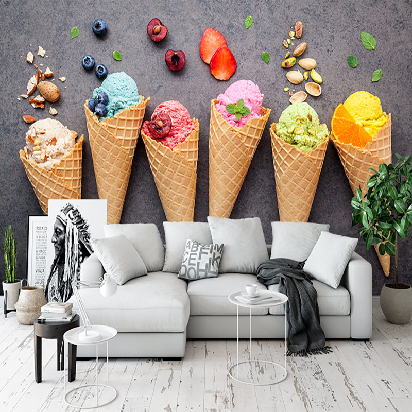 3D Strawberry Ice Cream & Blueberry Fruit Mural Wallpaper - 157.5