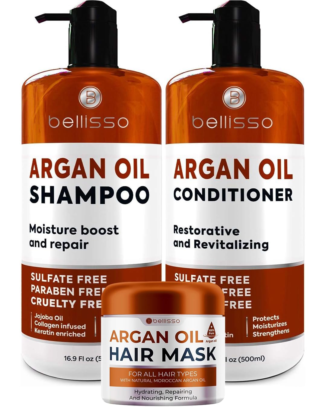 BELLISO Argan Oil Shampoo & Conditioner Set with Moroccan Hair Mask - Deep Hydration for Dry, Damaged Hair - Sulfate Free & Paraben Free - Salon Quality Hair Care for Women & Men - Perfect for Daily Use & Hair Repair