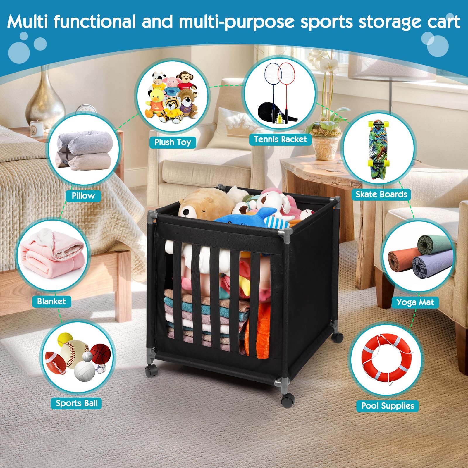 Lockable Rolling Sports Ball Storage Cart with Wheels - Portable Ball Organizer with Elastic Straps for Basketball, Soccer, Volleyball - Perfect for Garage, Gym, and Playroom Organization