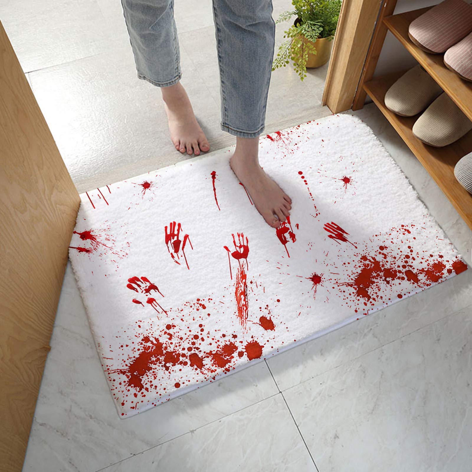ERXPOOD Halloween Horror Bloody Handprints Bath Mat - Ultra Soft Shaggy Bathroom Rug, Non-Slip Fluffy Carpet for Bathroom & Bedroom - Scary Red White Washable Welcome Mat for Halloween Decor & Haunted House Theme