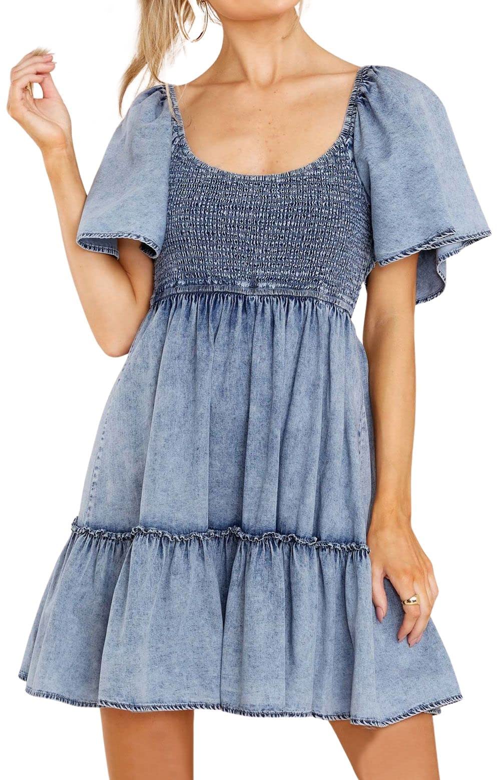 CHARTOU Women's Summer Smocked Blue Denim Dress - High Waist Flowy Ruffle Mini Jean Dress for Beach, Vacation & Casual Outings