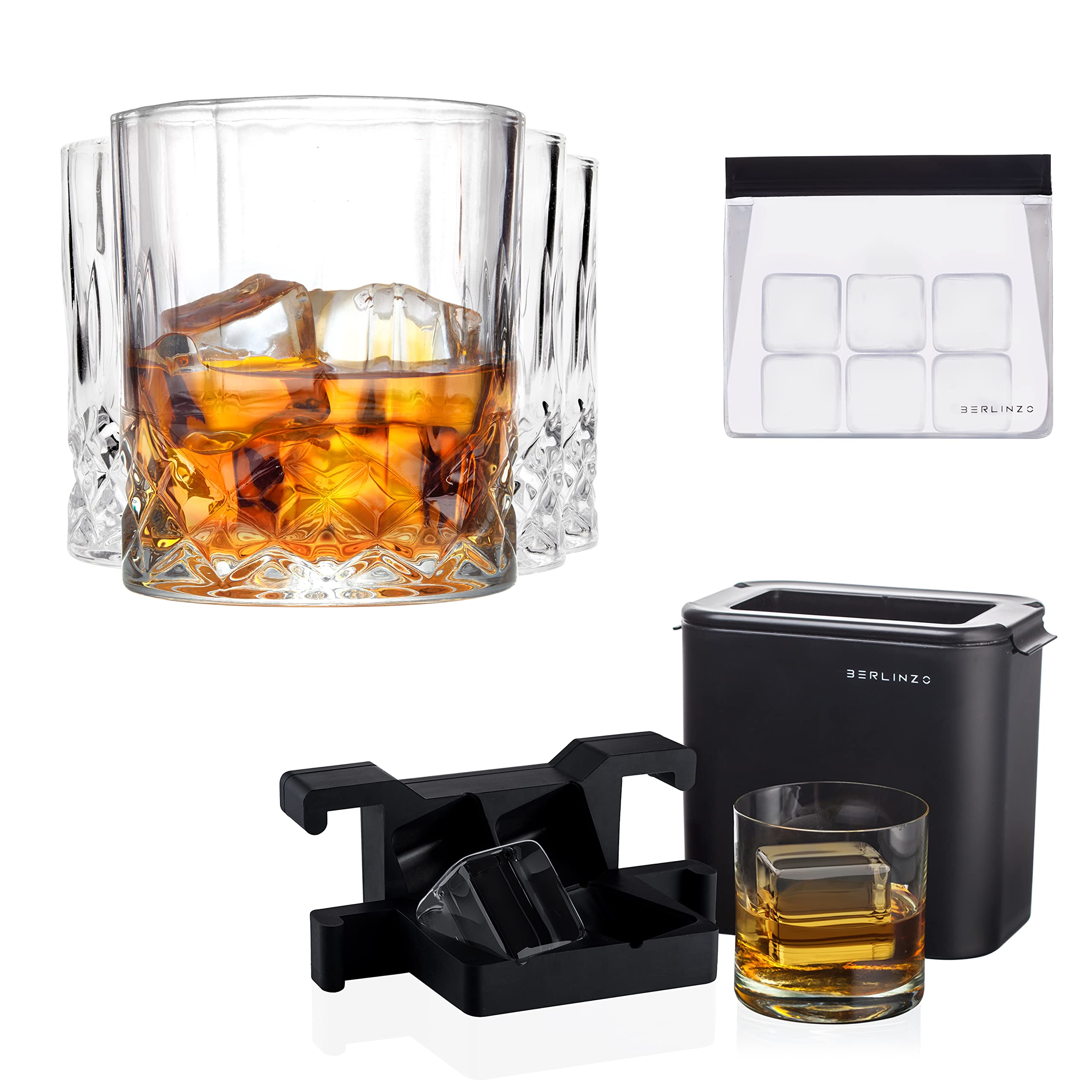 BERLINZO Premium Clear Ice Ball Maker Mold with 4 Whiskey Glasses Set - 2.4 Inch Large Whiskey Ice Ball Maker - Best Cocktail Accessories for Home Bar - Includes 4 Rocks Glasses & Ice Cube Trays - Perfect for Bourbon, Scotch, Whiskey Tasting & Entertaining