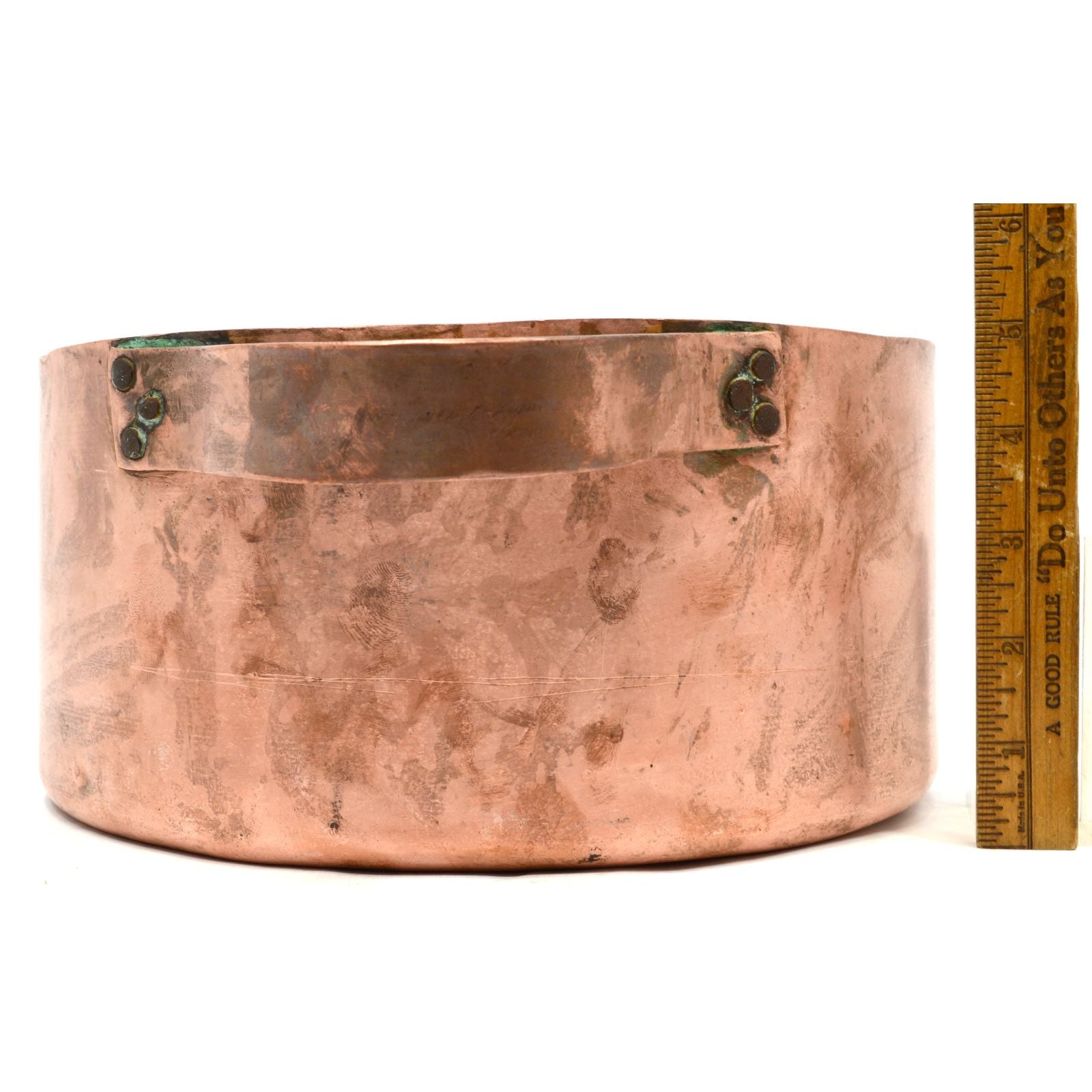 Vintage 6.5 Quart Copper Casserole Pot with Double Handles - Heavy Duty Primitive Cooking Bowl for Rustic Kitchens & Farmhouse Style Cooking