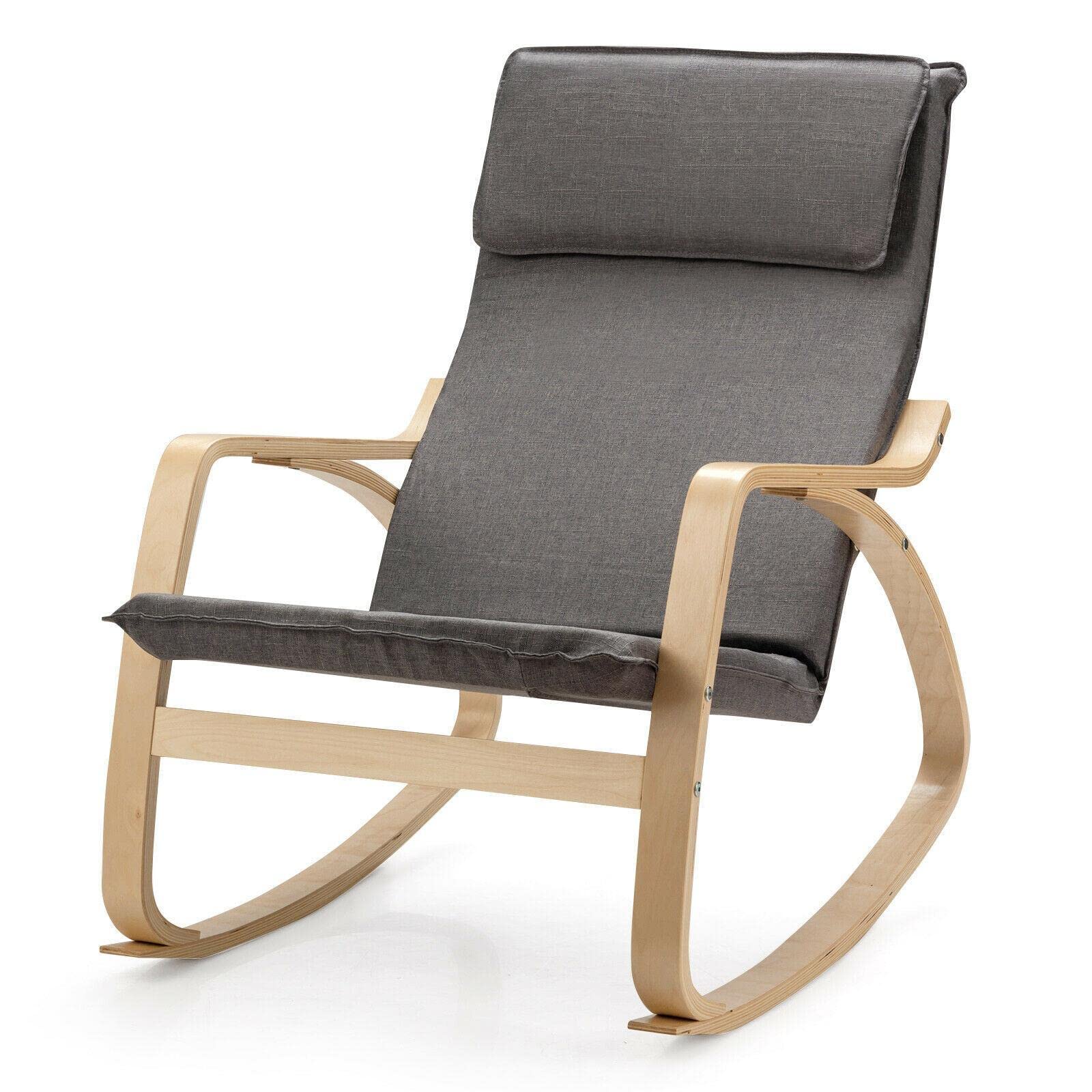 Modern Bentwood Rocking Chair - Gray Fabric Upholstered Lounge Rocker with Ergonomic Design for Living Room, Nursery, or Patio Relaxation | Comfortable Recliner for Reading, Nursing & Camping