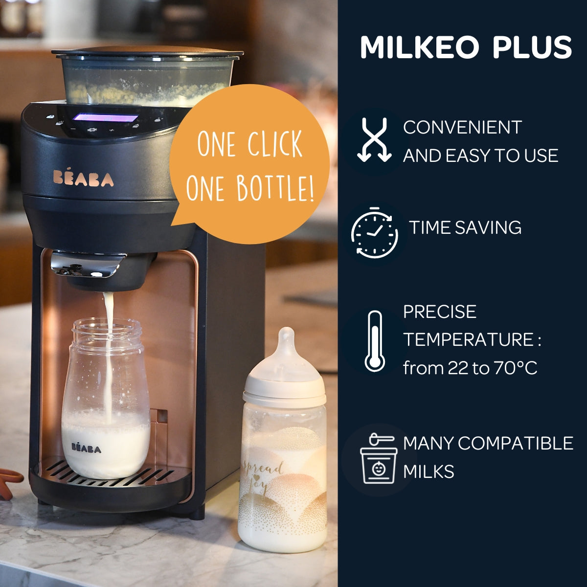 Beaba Milkeo Plus Automatic Baby Formula Maker - Instant Bottle Warmer & Milk Dispenser for Newborns & Infants | Perfect for Night Feedings & Travel
