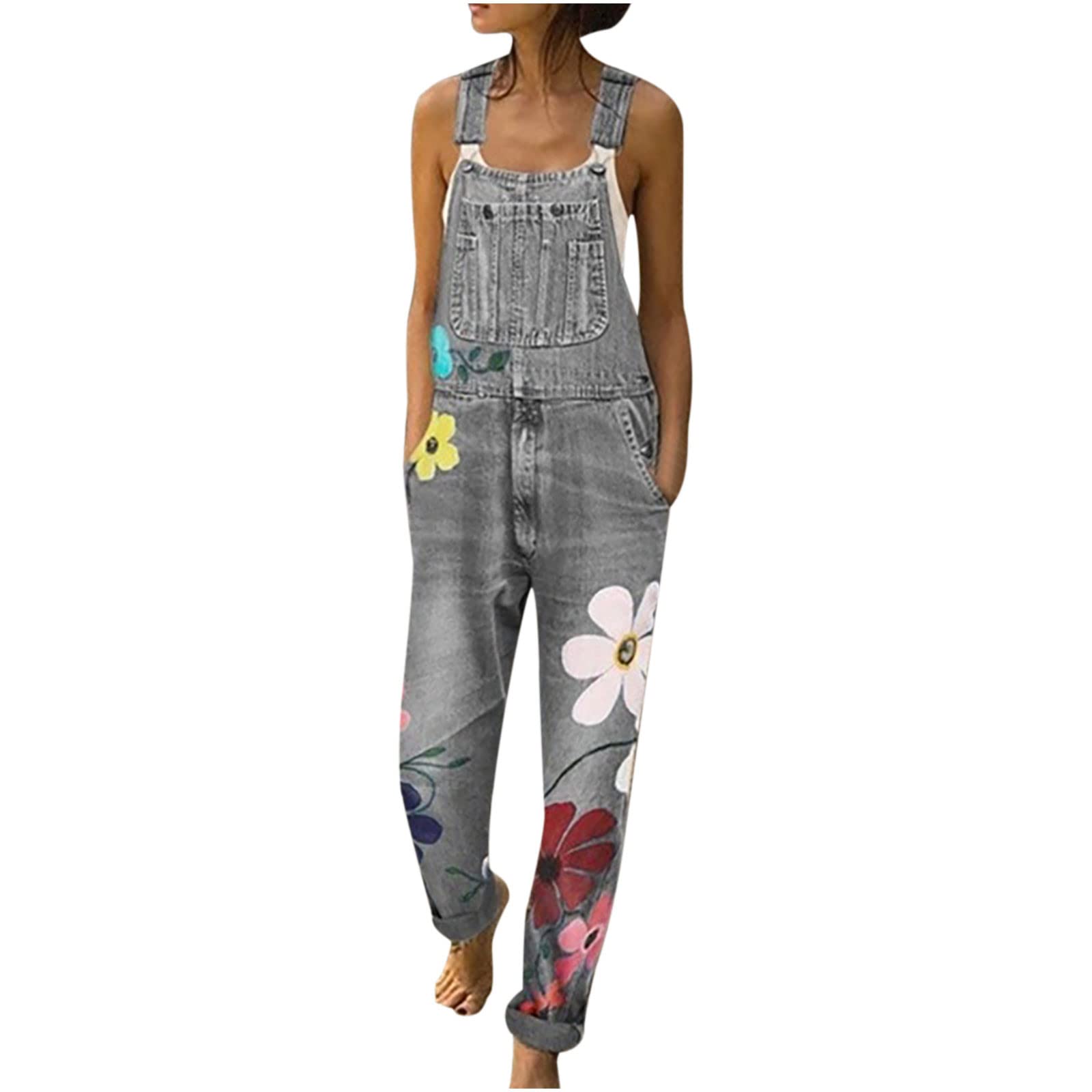 Women's Distressed Floral Print Bib Overalls - Classic Casual Denim Jumpsuit with Straight Leg Design | Perfect for Gardening, Outdoor Activities & Vintage Fashion Looks