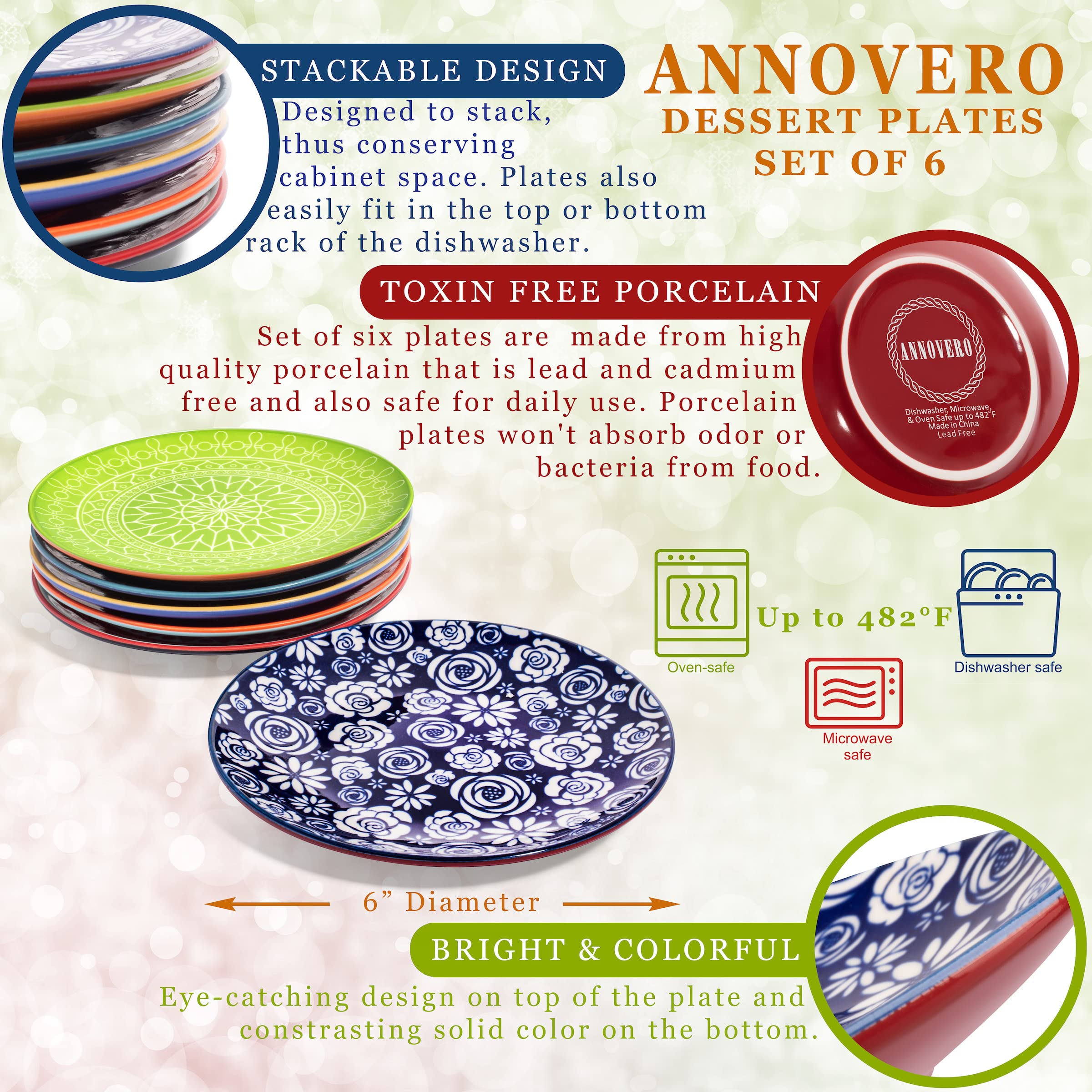 Annovero Colorful Porcelain Coffee Mugs & Dessert Plates Set - Microwave & Dishwasher Safe Kitchen Dinnerware for Home, Office & Restaurant Use