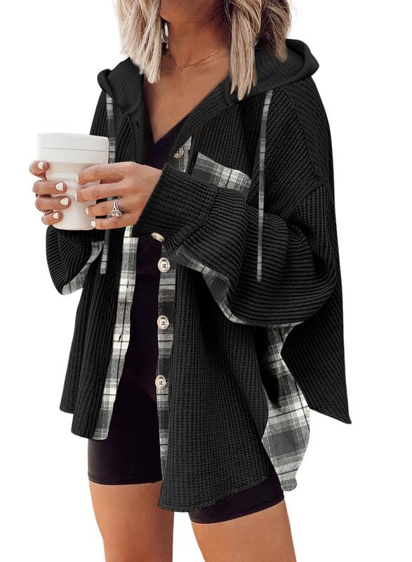 SHEWIN Women's Waffle Knit Plaid Shacket - Oversized Boyfriend Button Down Shirt with Hood, Long Sleeve Loose Top | Casual Fall Outfit, Layering Piece for Streetwear & Cozy Loungewear