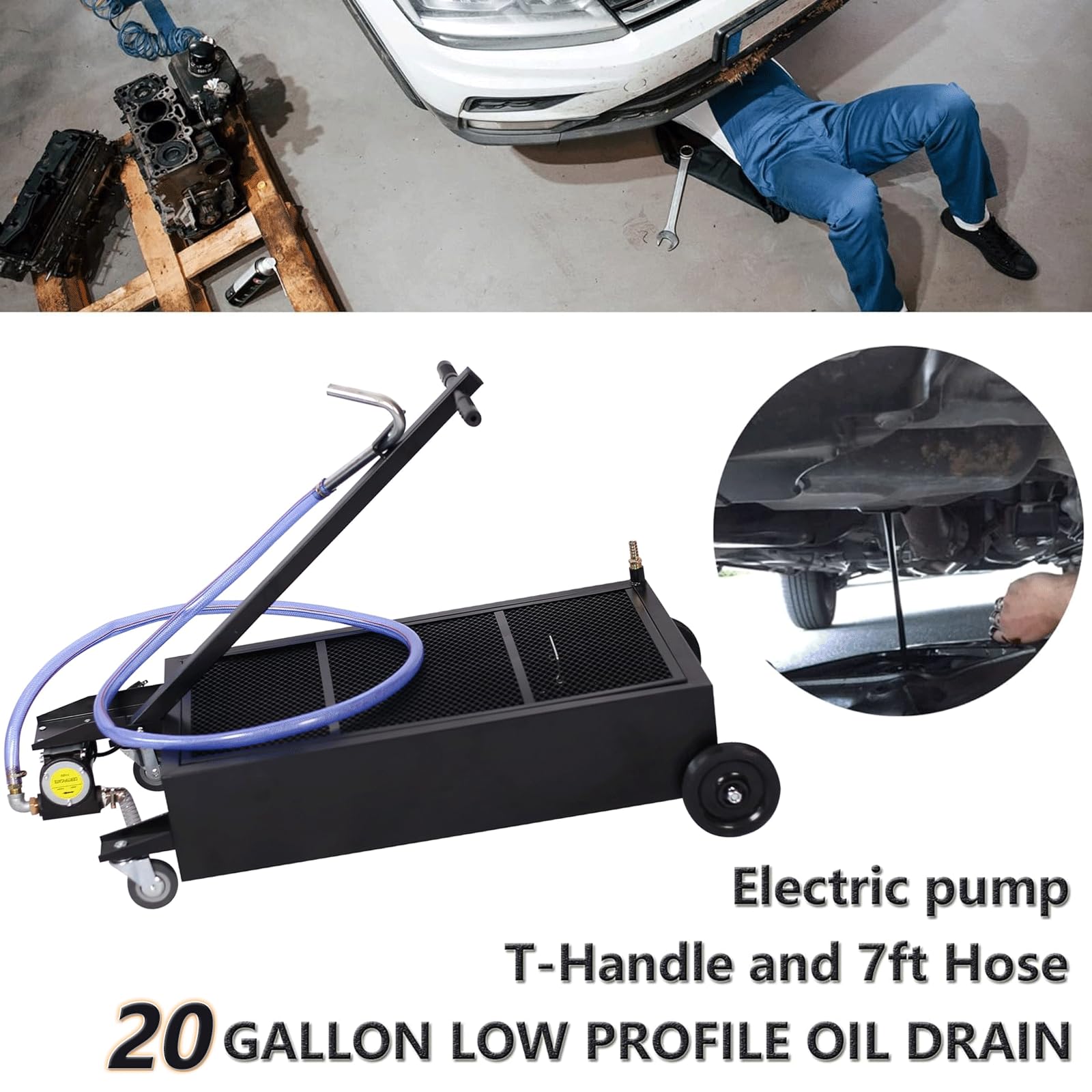 20 Gallon Oil Drain Pan with Electric Pump - Low Profile Oil Change Pan with T-Handle & J-Hook for Easy Draining - Heavy Duty Black Oil Pan for Garage, Workshop & DIY Car Maintenance