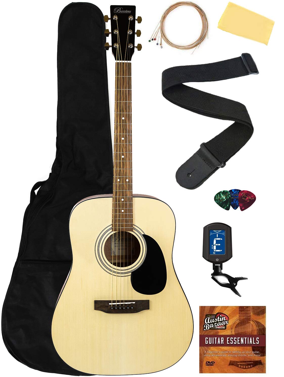 Barcelona D500 Acoustic Guitar Bundle - Natural Finish with Gig Bag, Tuner, Strap, Picks & Online Lessons | Perfect for Beginners, Camping & Home Practice